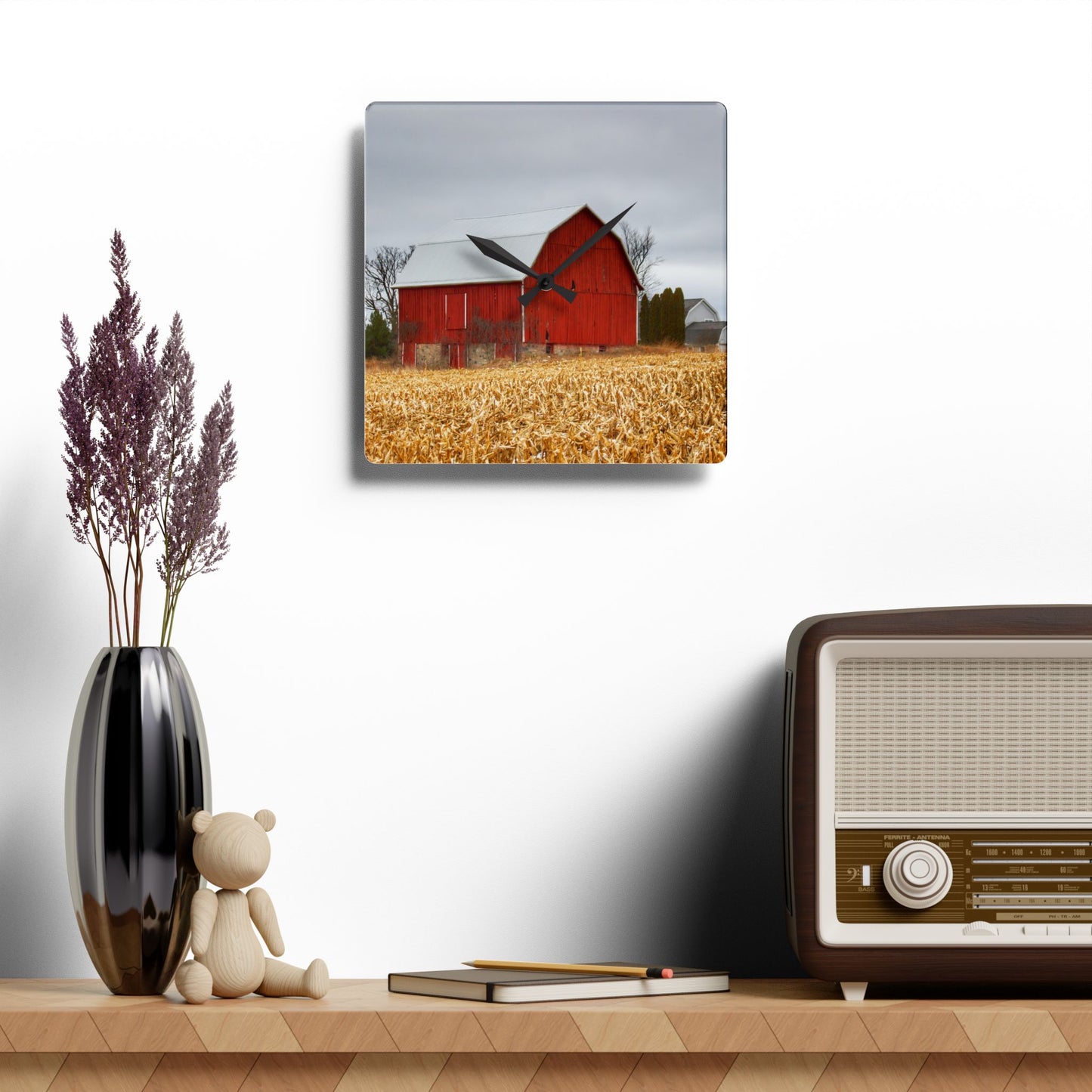 U R There Photography Jones Road Red Rustic Farmhouse Acrylic Analog Wall Clock