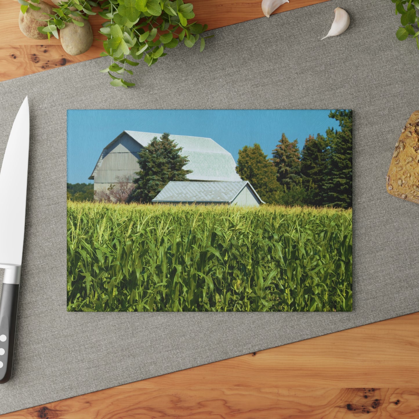 U R There Photography White Cornfield Barn Rustic Farmhouse Tempered-Glass Cutting Board