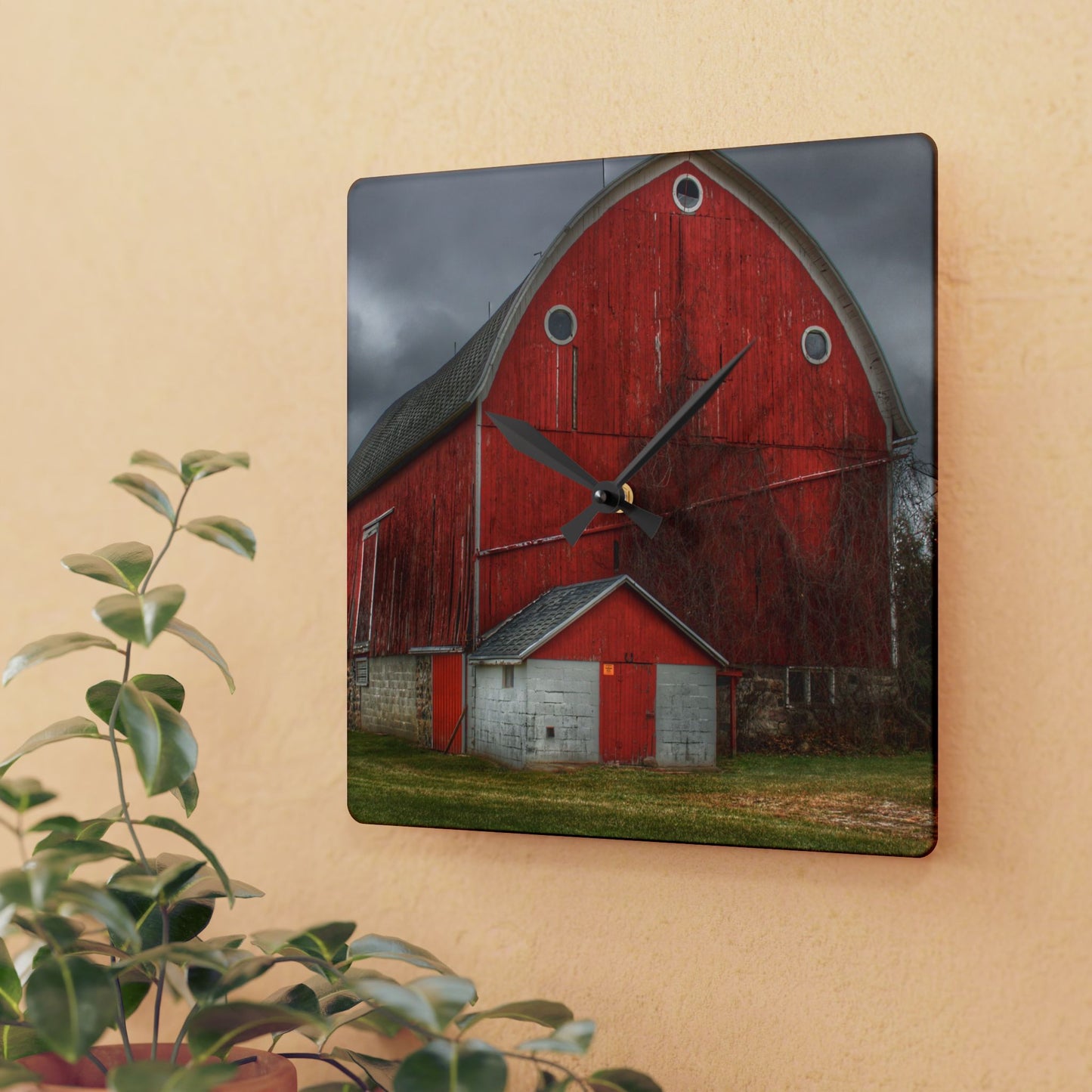 U R There Photography Slattery Road Fieldstone Red Rustic Farmhouse Acrylic Analog Wall Clock