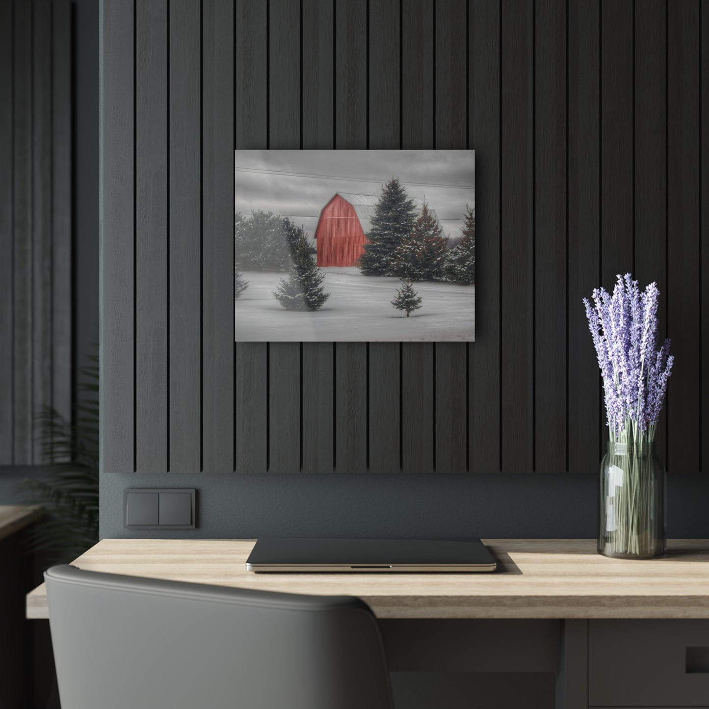 U R There Photography Vernor Road Winter Red Rustic Farmhouse Acrylic Wall Print