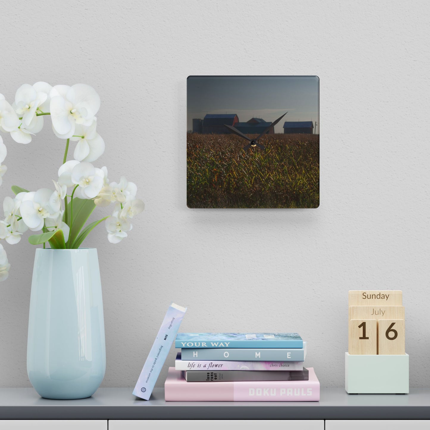 U R There Photography Slattery Road Farm and Cornfield I Rustic Farmhouse Acrylic Analog Wall Clock