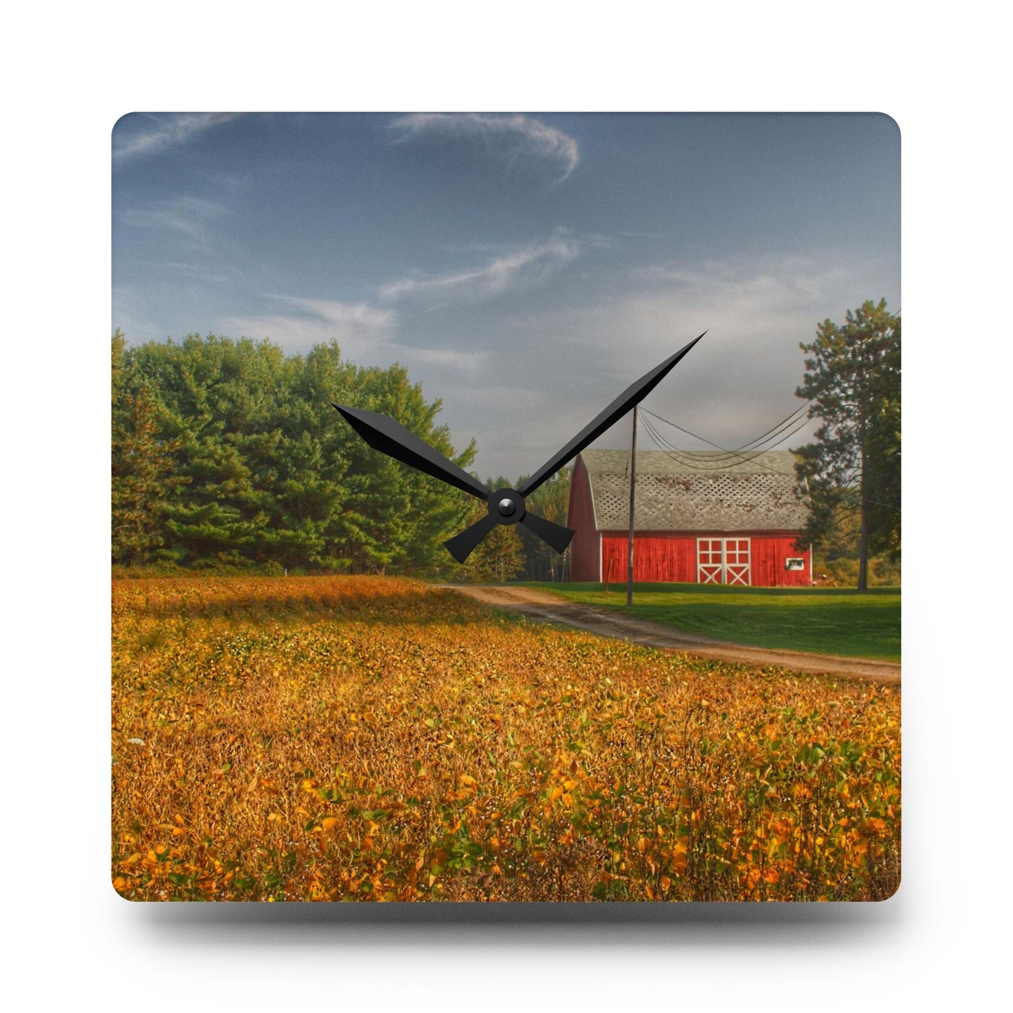 U R There Photography Red Barn on Golden Field Rustic Farmhouse Acrylic Analog Wall Clock