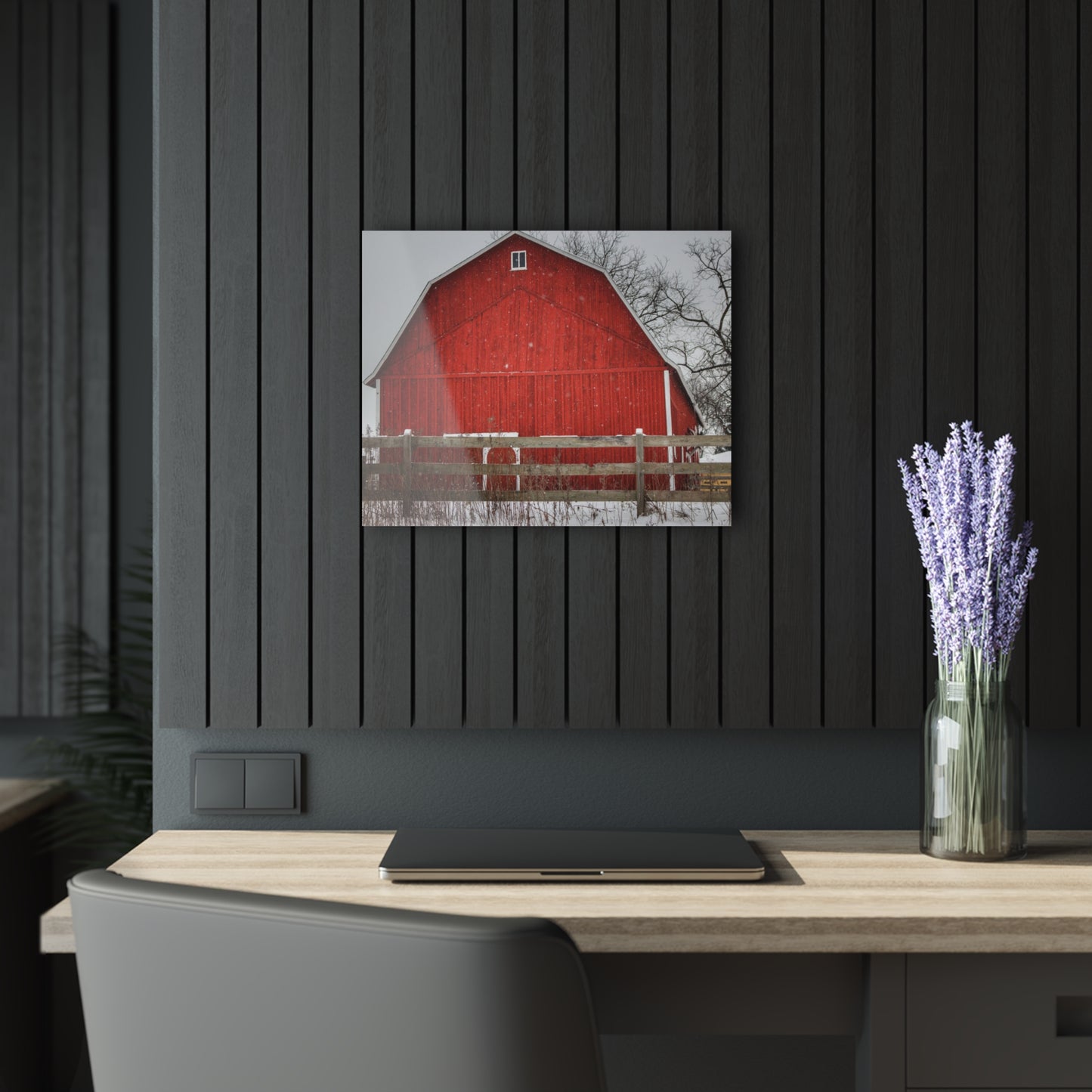 U R There Photography Big Red Beyond the Fence Rustic Farmhouse Acrylic Wall Print