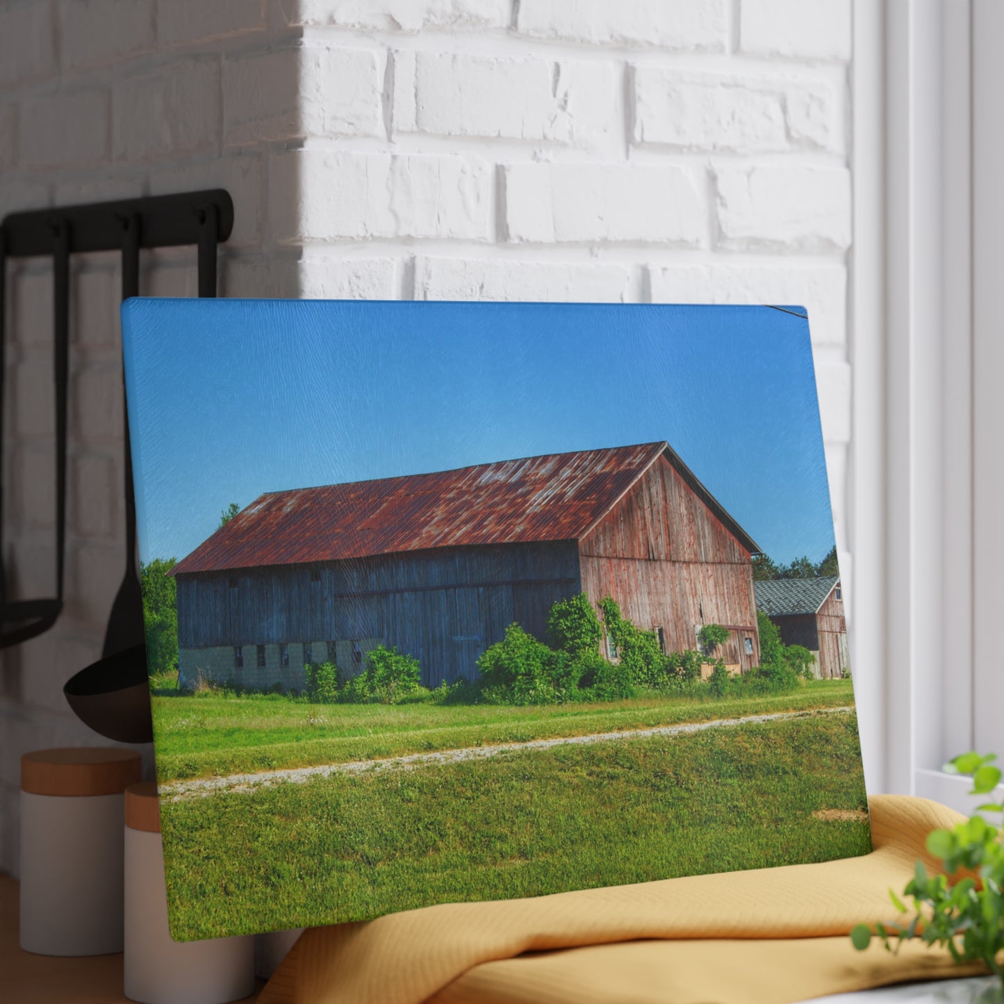 U R There Photography Otisville Rusted Reds Rustic Farmhouse Tempered-Glass Cutting Board