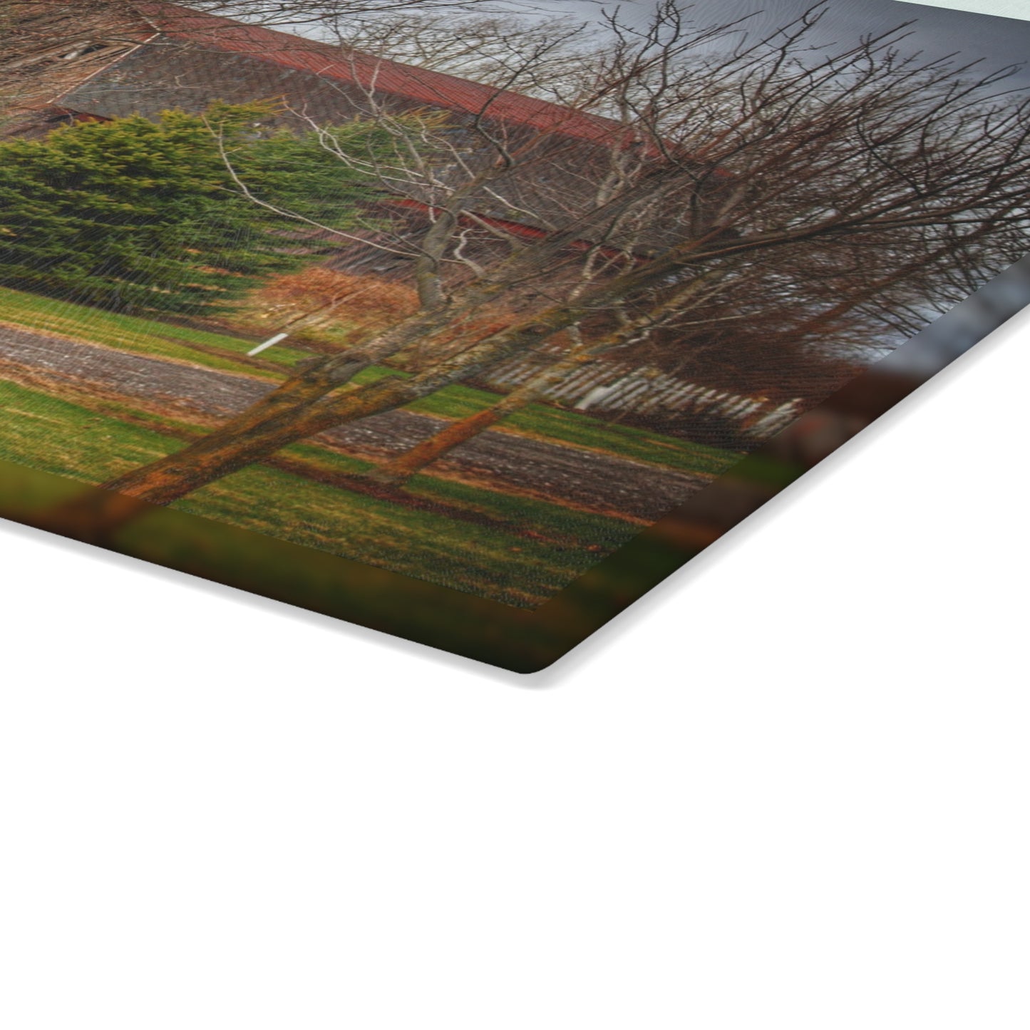 U R There Photography Rusted Red Beyond the Pines Rustic Farmhouse Tempered-Glass Cutting Board