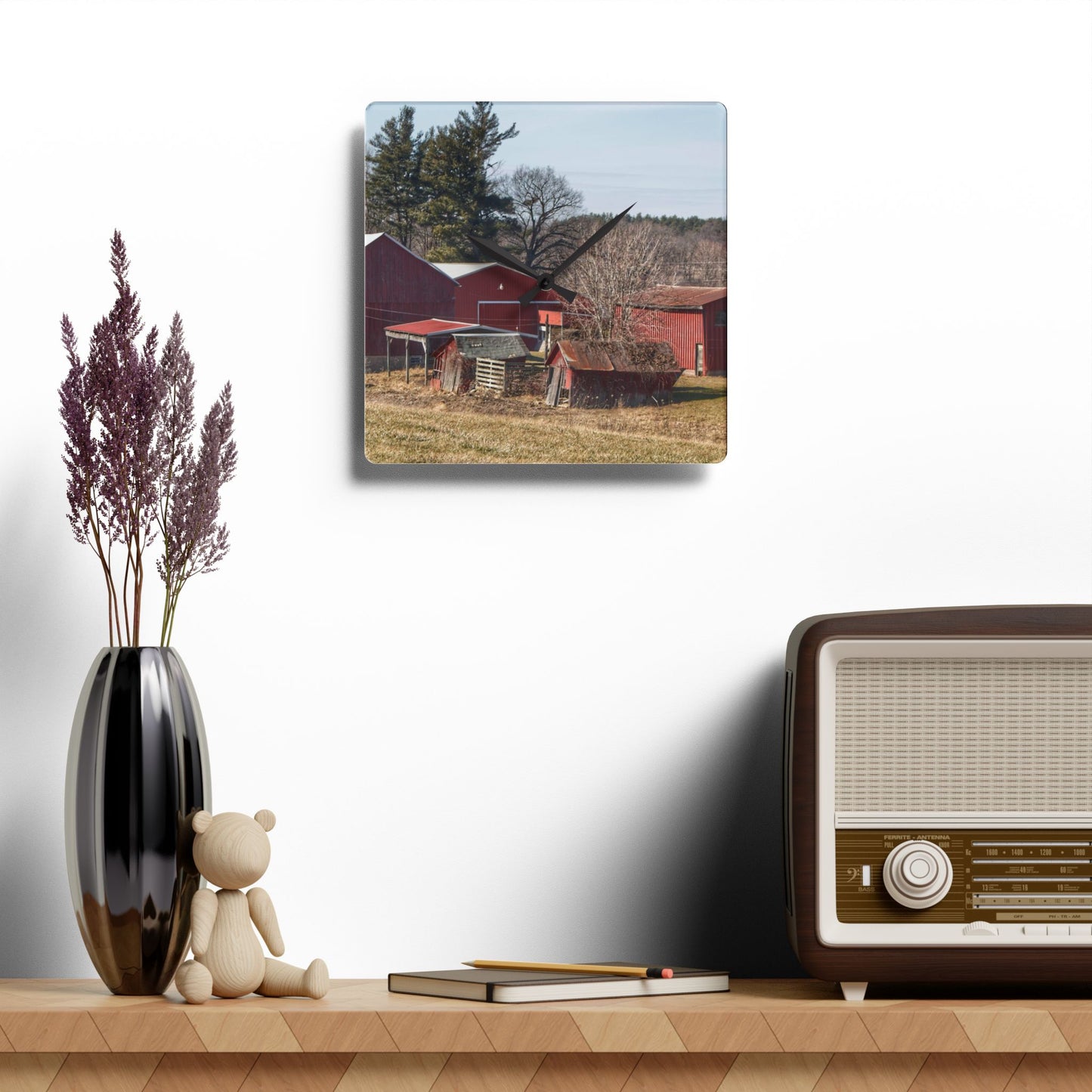 U R There Photography Bronson Lake Reds Rustic Farmhouse Acrylic Analog Wall Clock