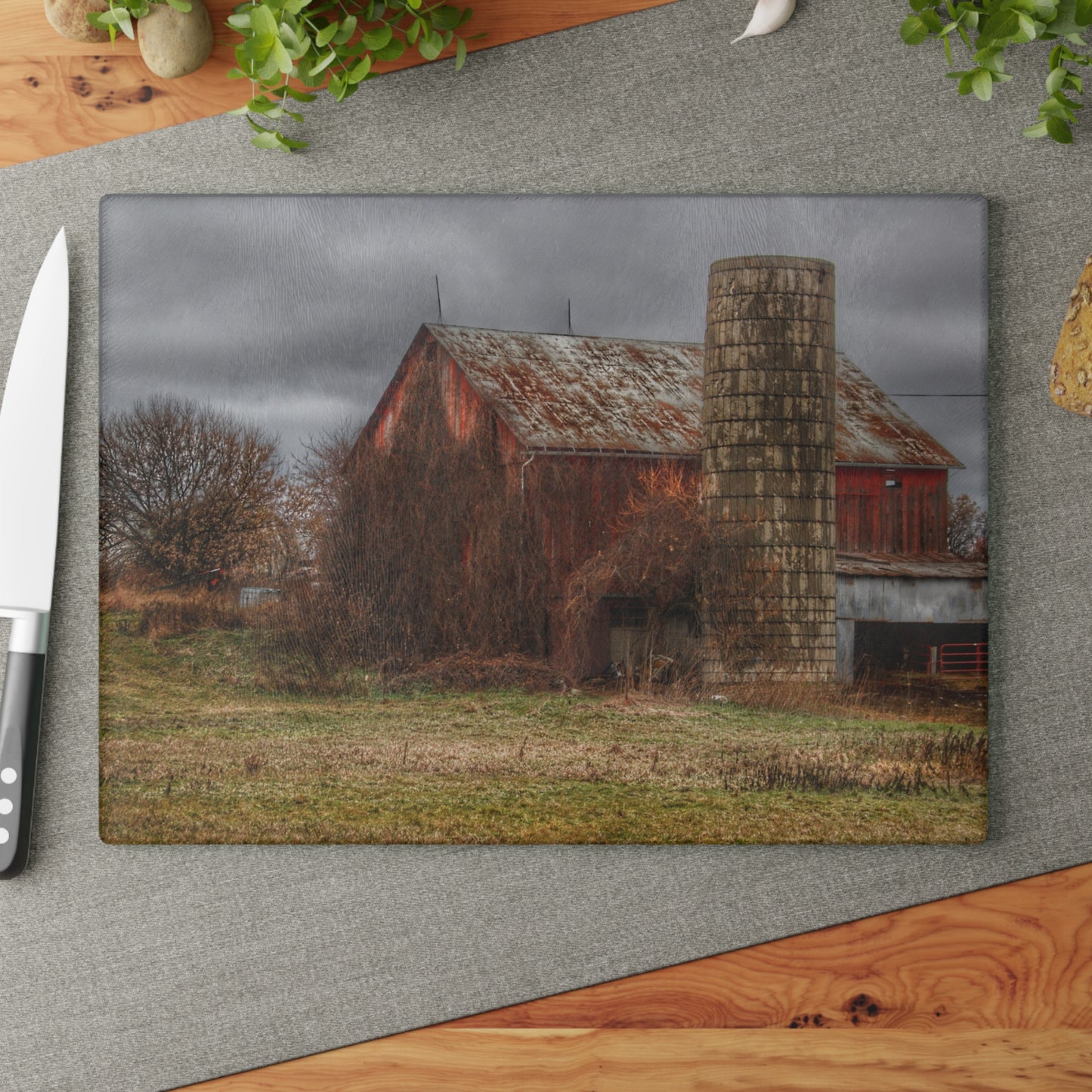 U R There Photography Slattery Road Old Red and Silo I Rustic Farmhouse Tempered-Glass Cutting Board