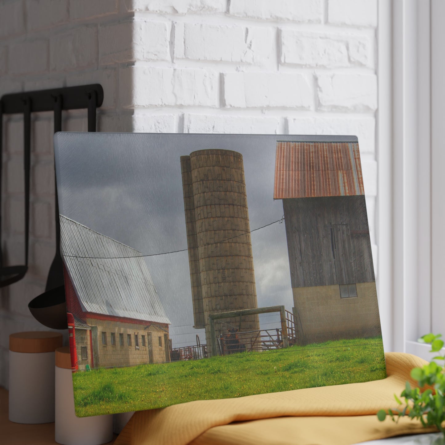 U R There Photography Clothier Road Grey and Silo Rustic Farmhouse Tempered-Glass Cutting Board