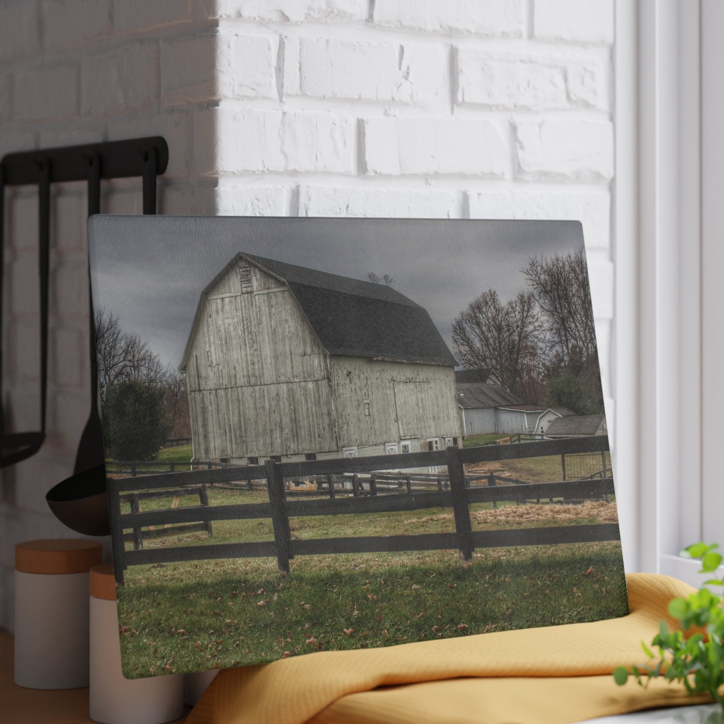U R There Photography Roadside White Beyond the Fences Rustic Farmhouse Tempered-Glass Cutting Board