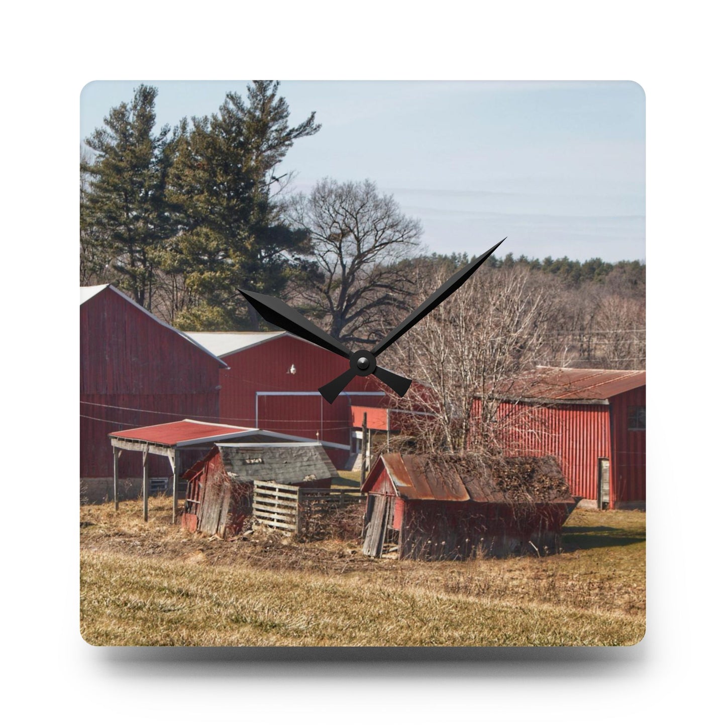 U R There Photography Bronson Lake Reds Rustic Farmhouse Acrylic Analog Wall Clock
