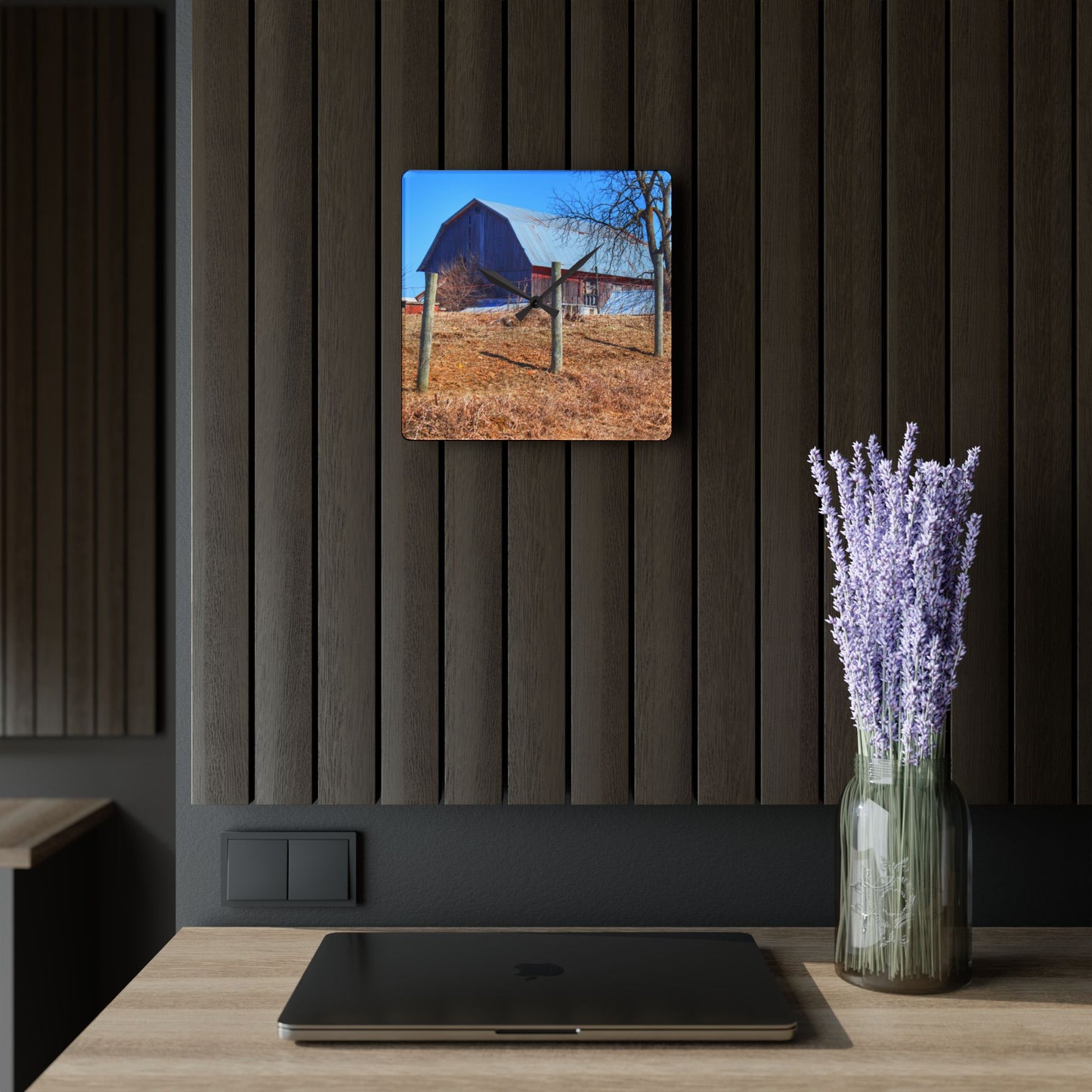 U R There Photography Marathon Haybarn on the Hill II Rustic Farmhouse Acrylic Analog Wall Clock