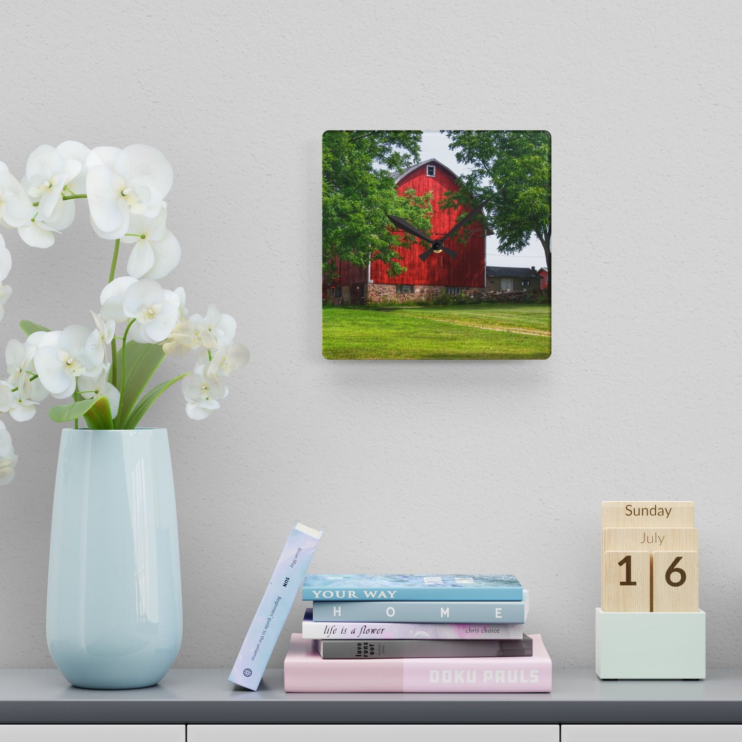 U R There Photography Summer Fieldstone Red Rustic Farmhouse Acrylic Analog Wall Clock