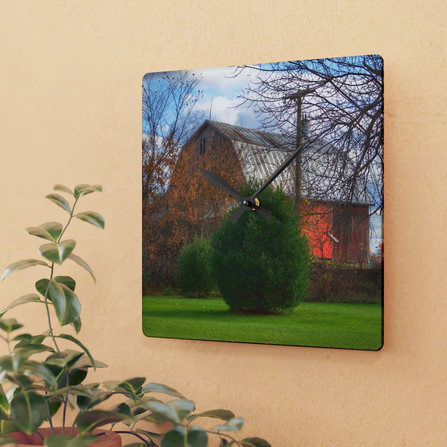 U R There Photography Millis Road Hidden Red Rustic Farmhouse Acrylic Analog Wall Clock