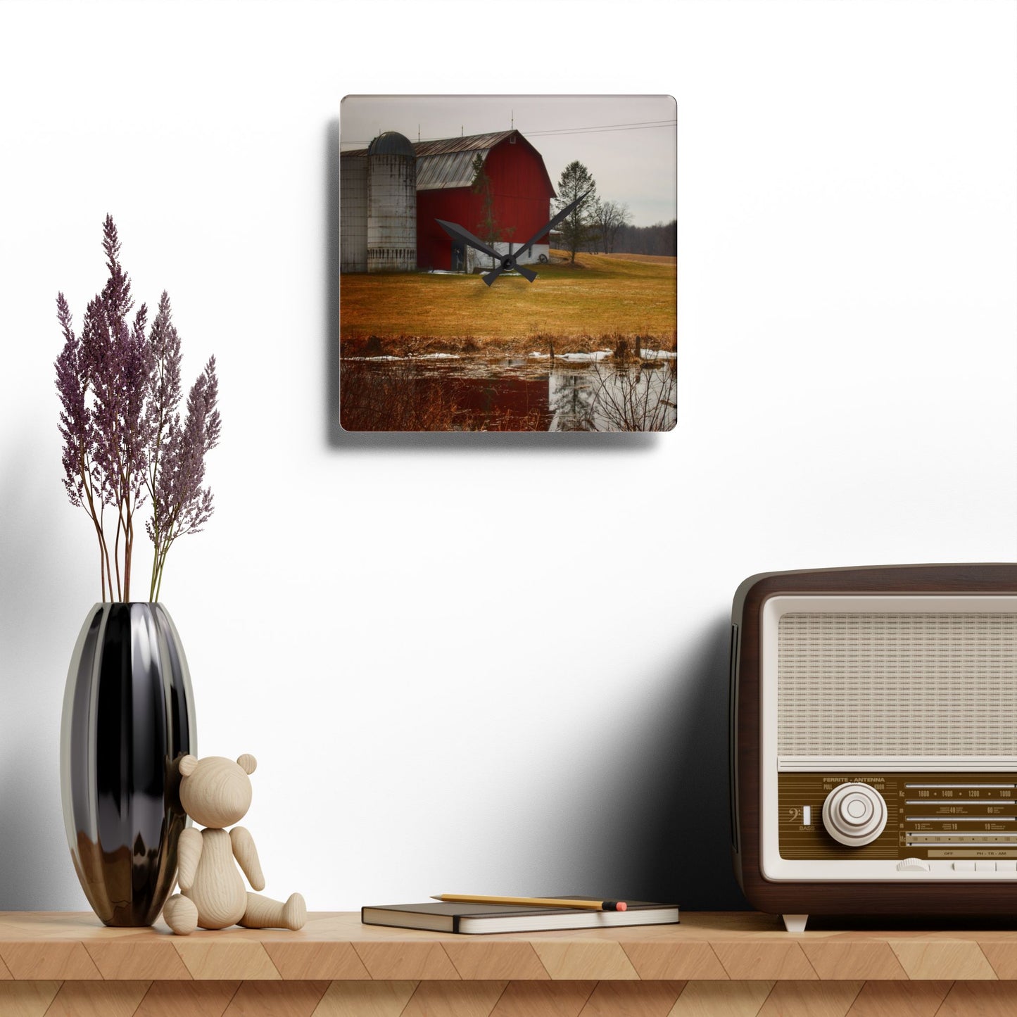 U R There Photography Havens Road Red Rustic Farmhouse Acrylic Analog Wall Clock
