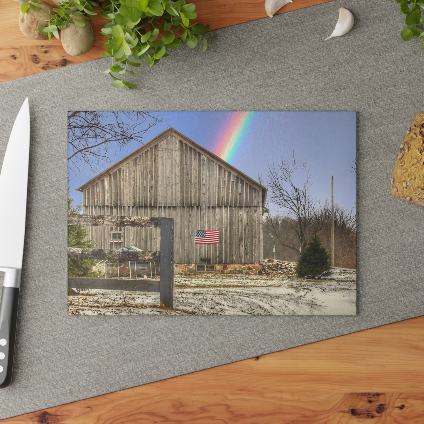 U R There Photography Barn Blessings on Sutton Road Rustic Farmhouse Tempered-Glass Cutting Board 8"x 11"