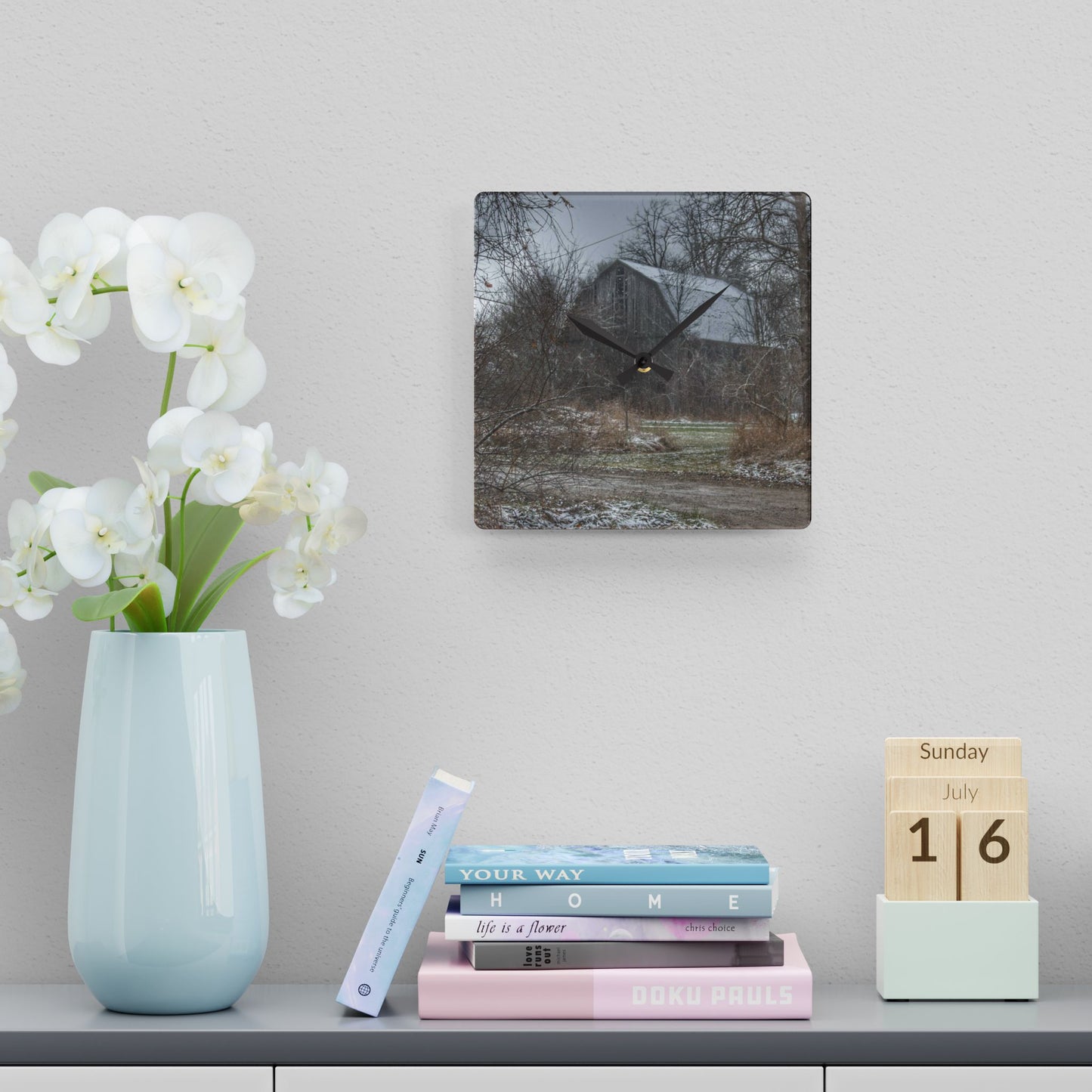 U R There Photography Bishop Road Grey I Rustic Farmhouse Acrylic Analog Wall Clock