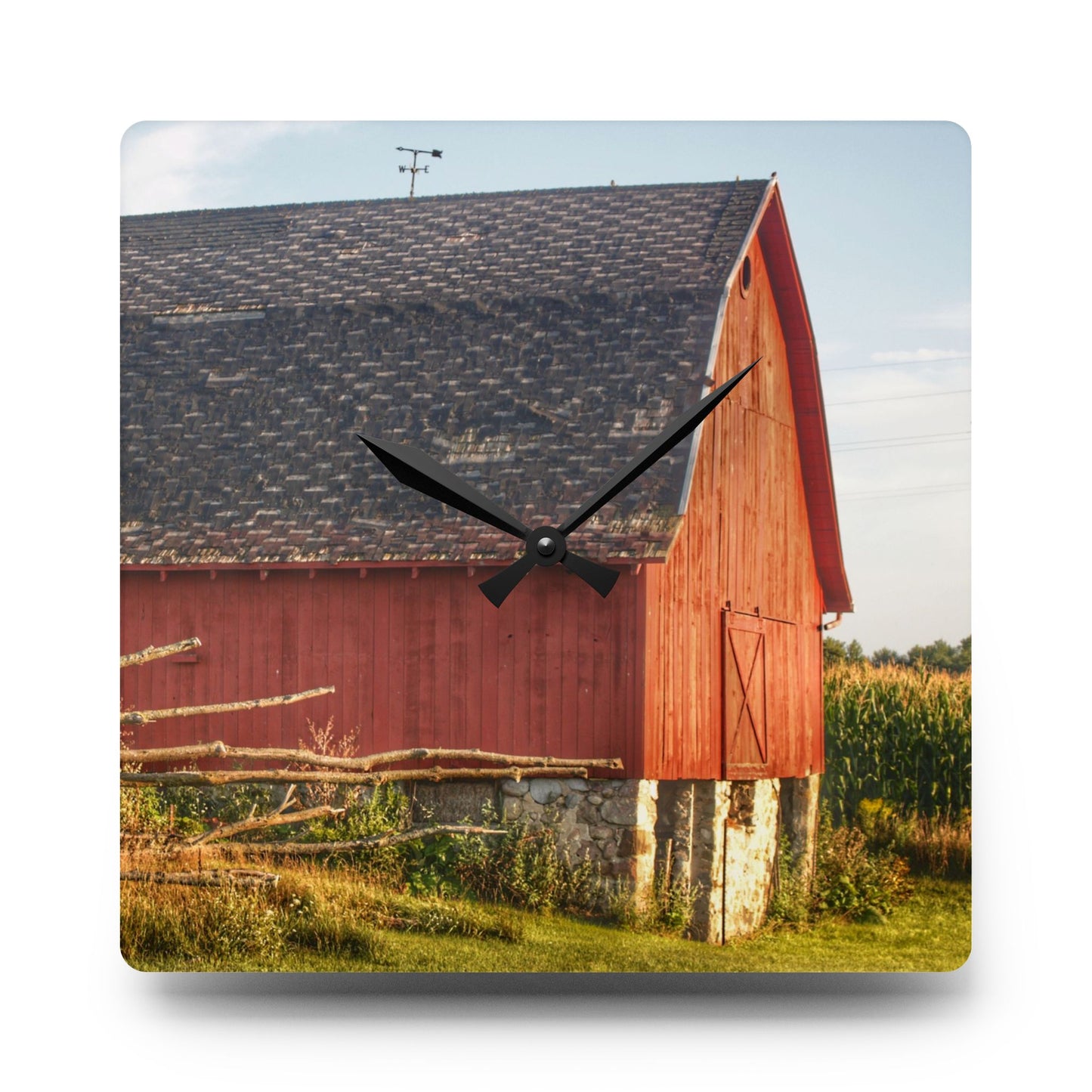 U R There Photography Otter Lake Road Red II Rustic Farmhouse Acrylic Analog Wall Clock