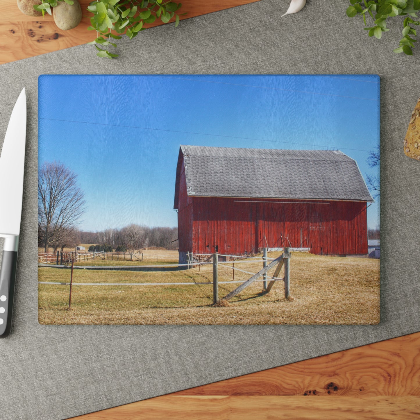 U R There Photography Phillips Road Red Rustic Farmhouse Tempered-Glass Cutting Board