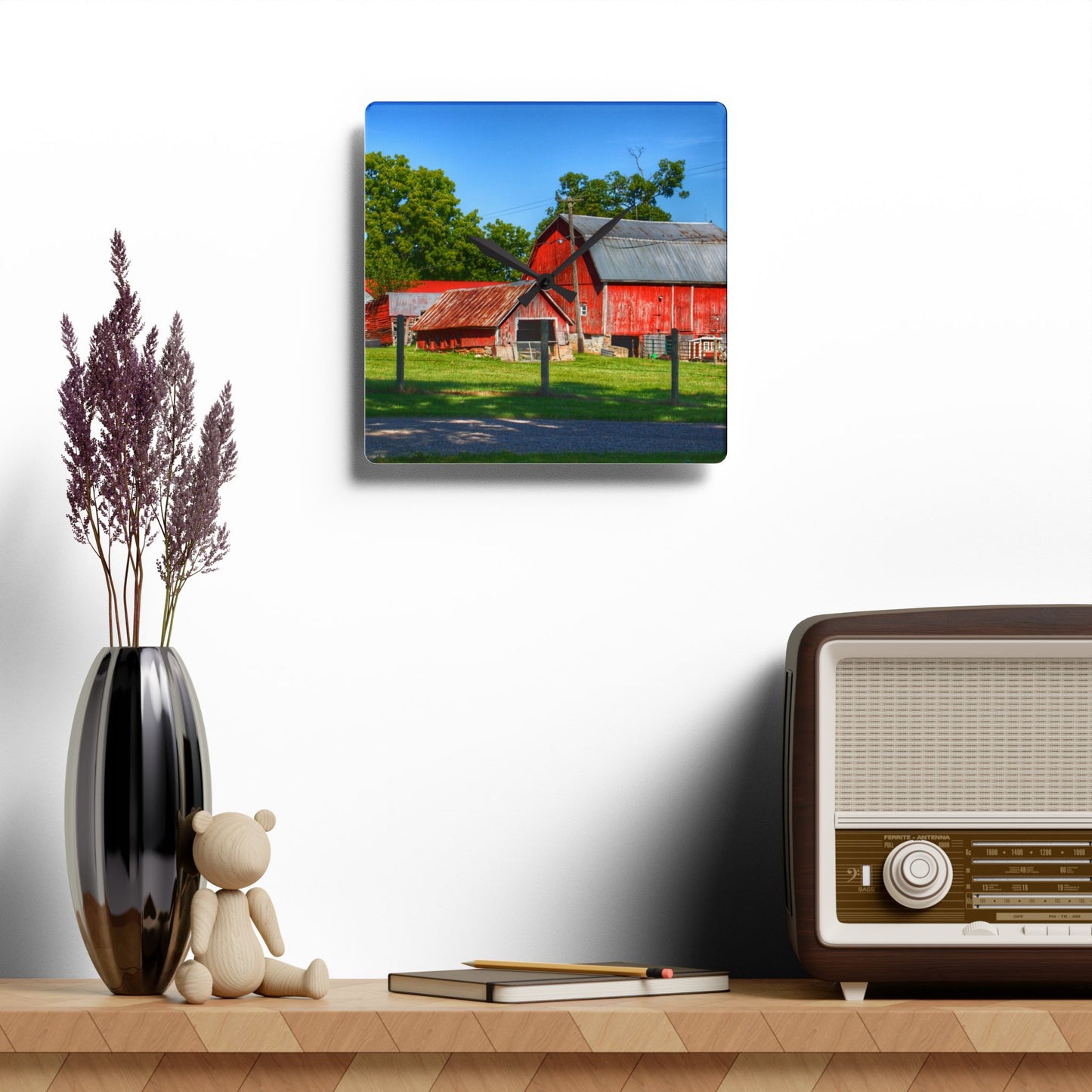U R There Photography Frances Road Reds I Rustic Farmhouse Acrylic Analog Wall Clock