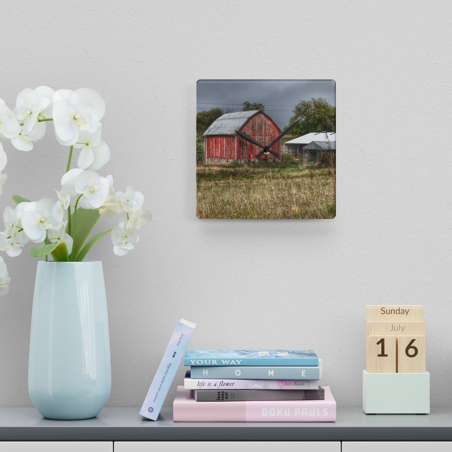 U R There Photography North Lake Road Red II Rustic Farmhouse Acrylic Analog Wall Clock