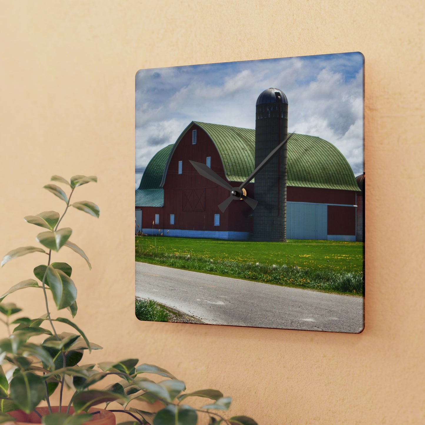 U R There Photography Rescue Road Red Rustic Farmhouse Acrylic Analog Wall Clock