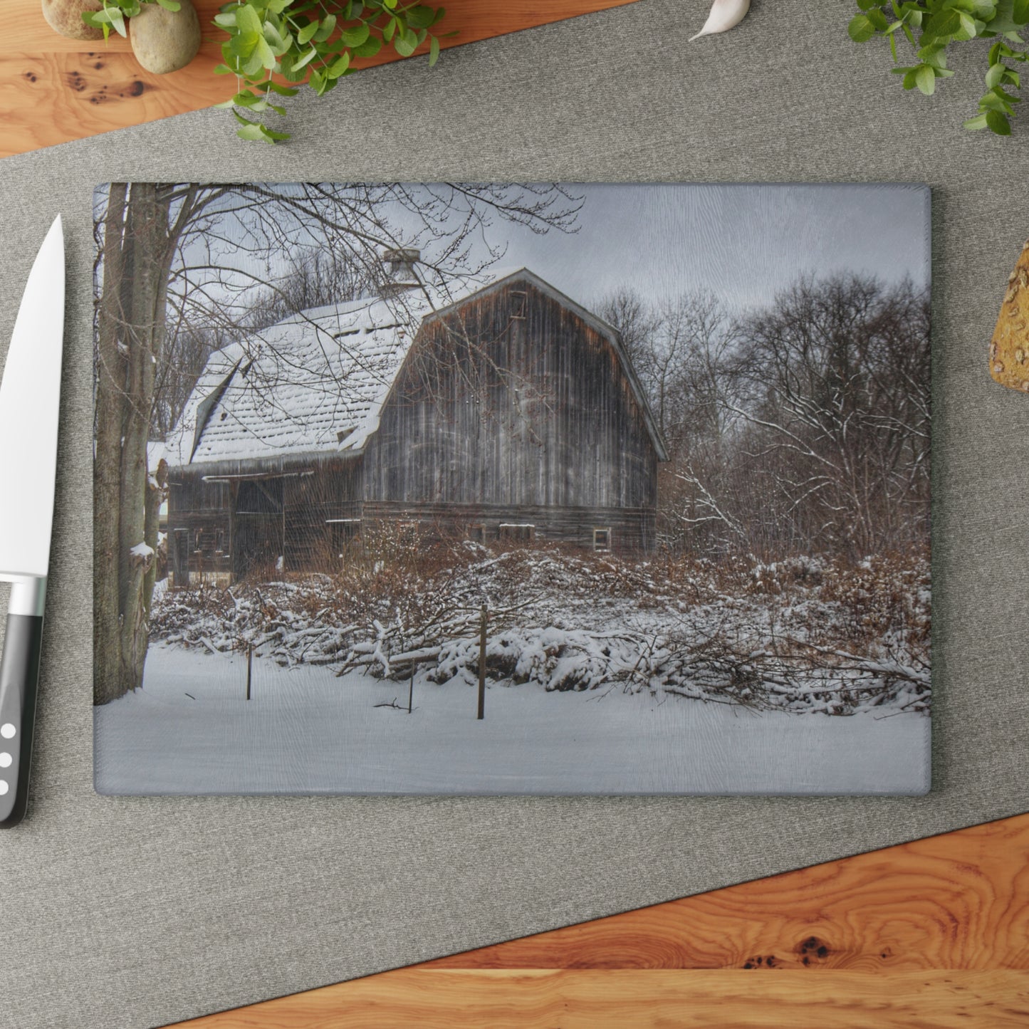 U R There Photography Vassar Road Hidden Grey in Winter Rustic Farmhouse Tempered-Glass Cutting Board