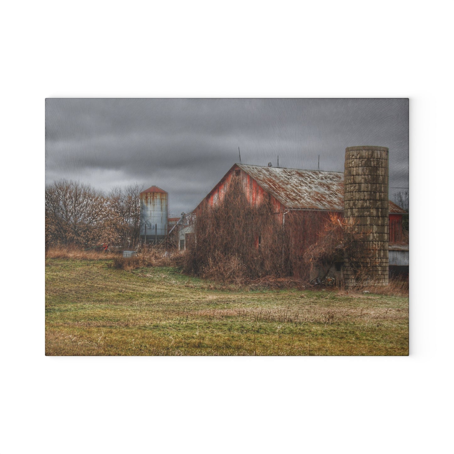 U R There Photography Slattery Road Old Red and Silo II Rustic Farmhouse Tempered-Glass Cutting Board 8"x 11"d