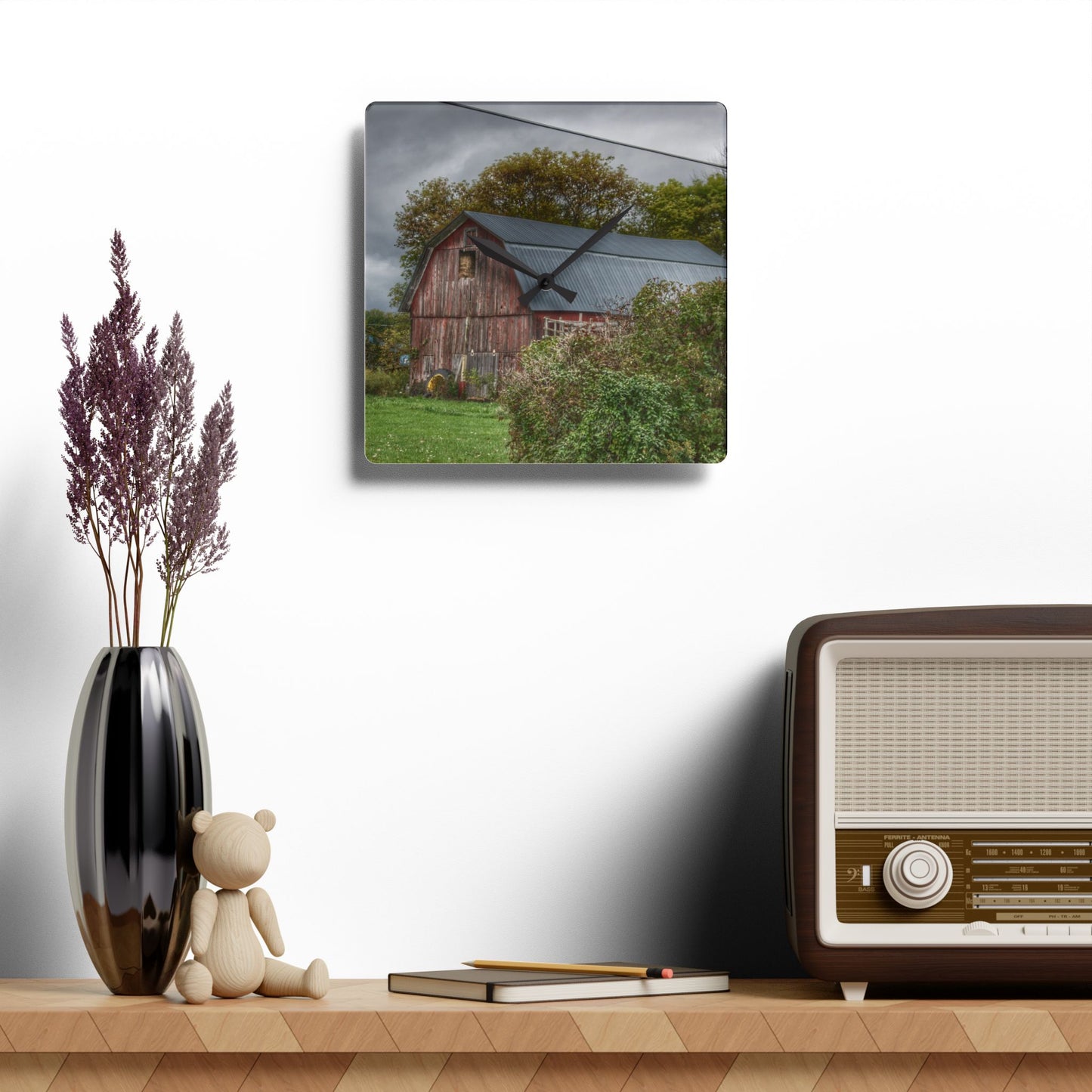 U R There Photography North Clio Road Red Rustic Farmhouse Acrylic Analog Wall Clock