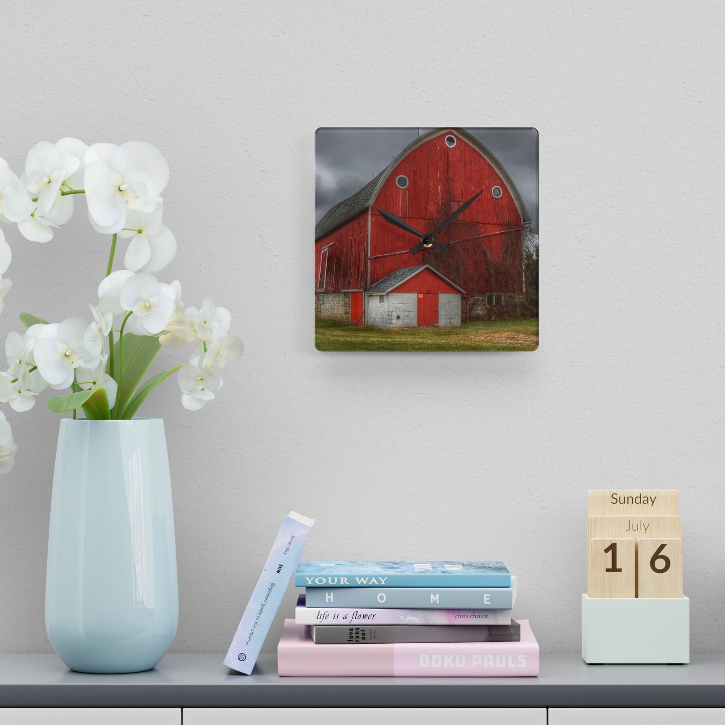 U R There Photography Slattery Road Fieldstone Red Rustic Farmhouse Acrylic Analog Wall Clock