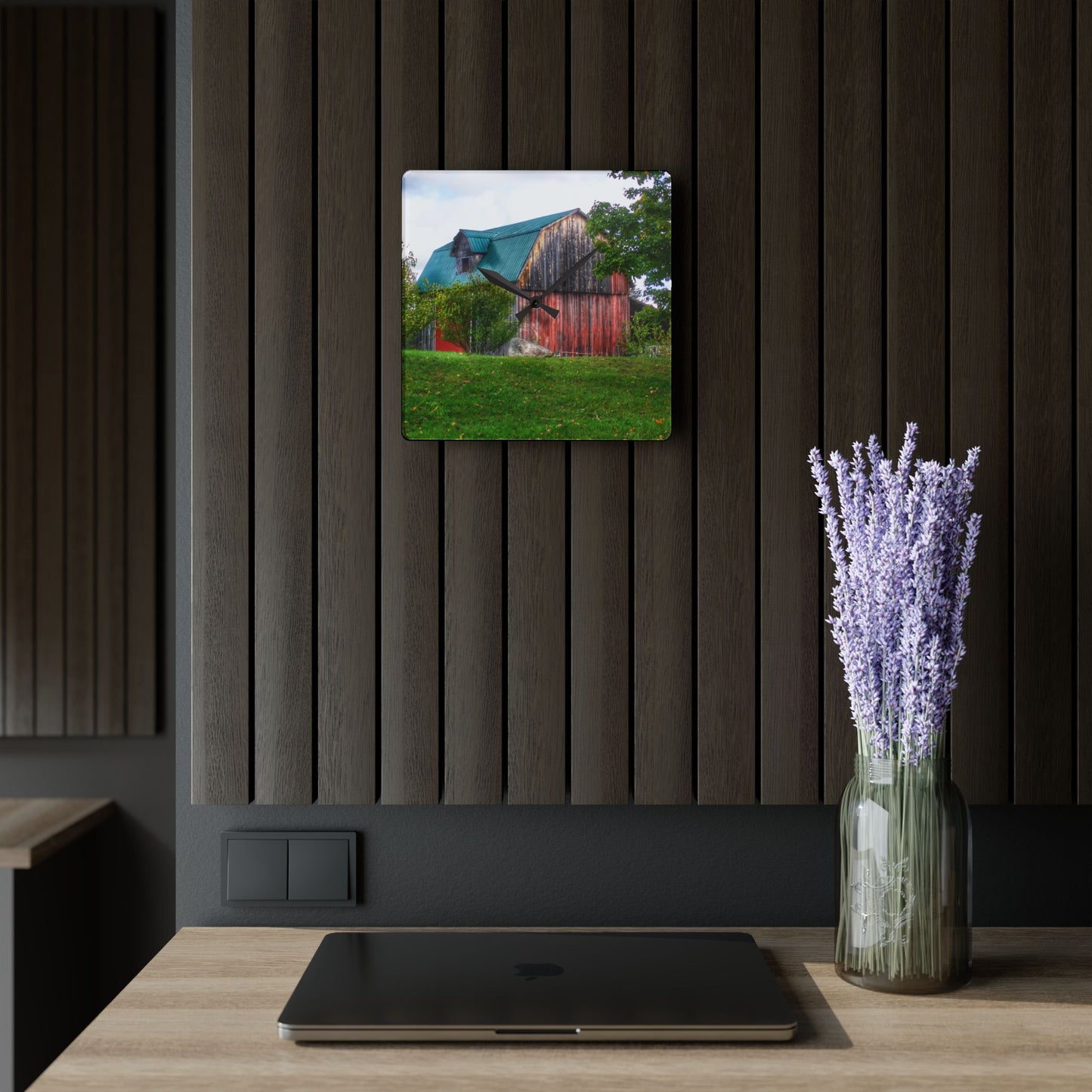 U R There Photography Frances Road Old Red I Rustic Farmhouse Acrylic Analog Wall Clock