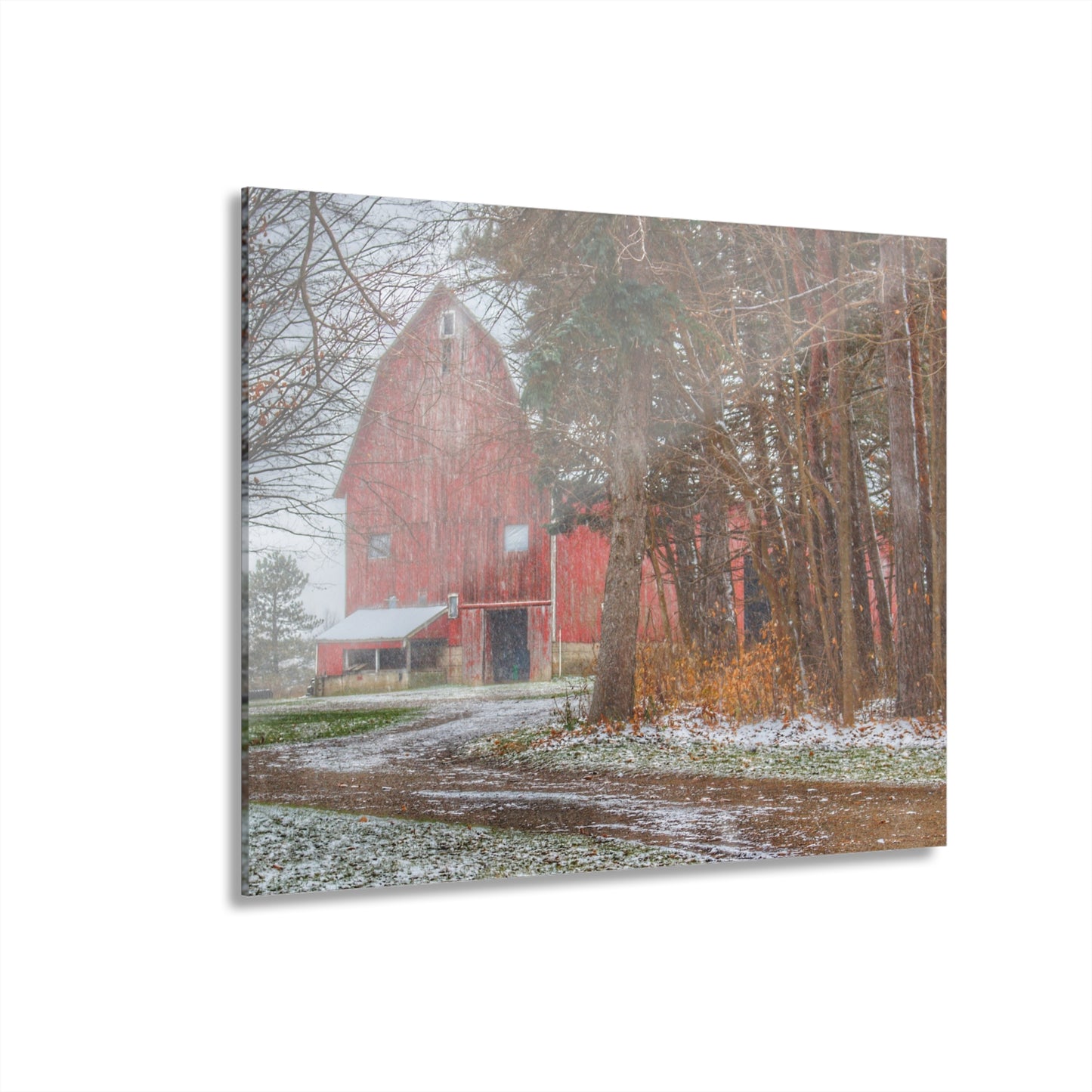 U R There Photography Tubspring Road Hidden Winter Red Rustic Farmhouse Acrylic Wall Print