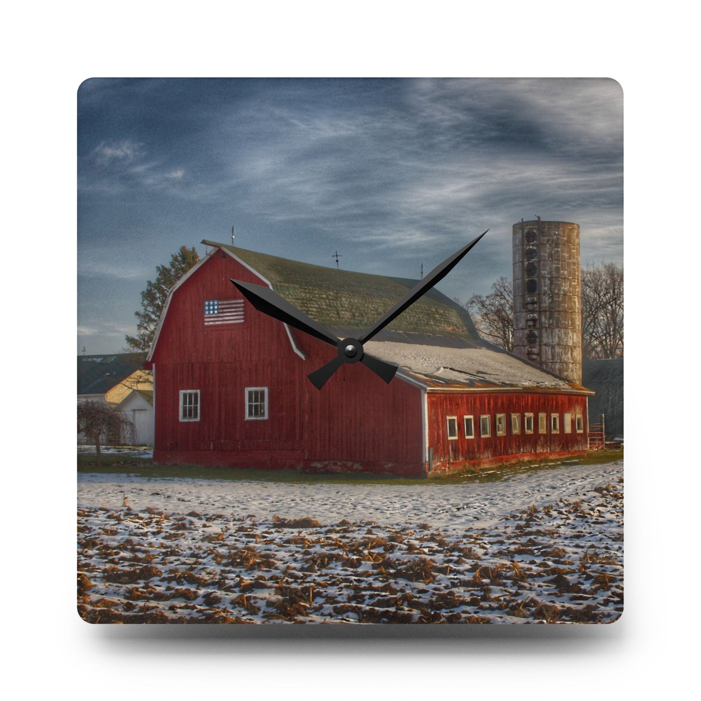 U R There Photography Mitchell Lake Road Red Rustic Farmhouse Acrylic Analog Wall Clock