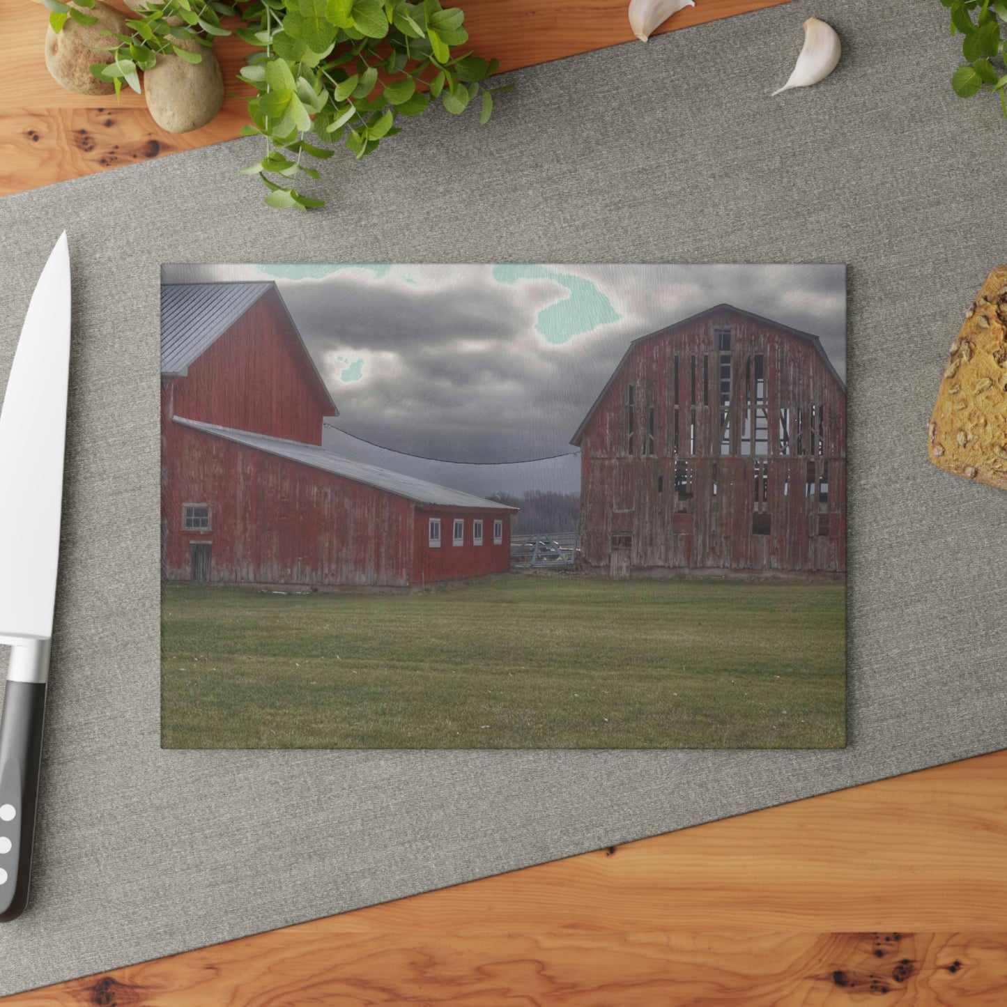 U R There Photography Church Road Reds Rustic Farmhouse Tempered-Glass Cutting Board
