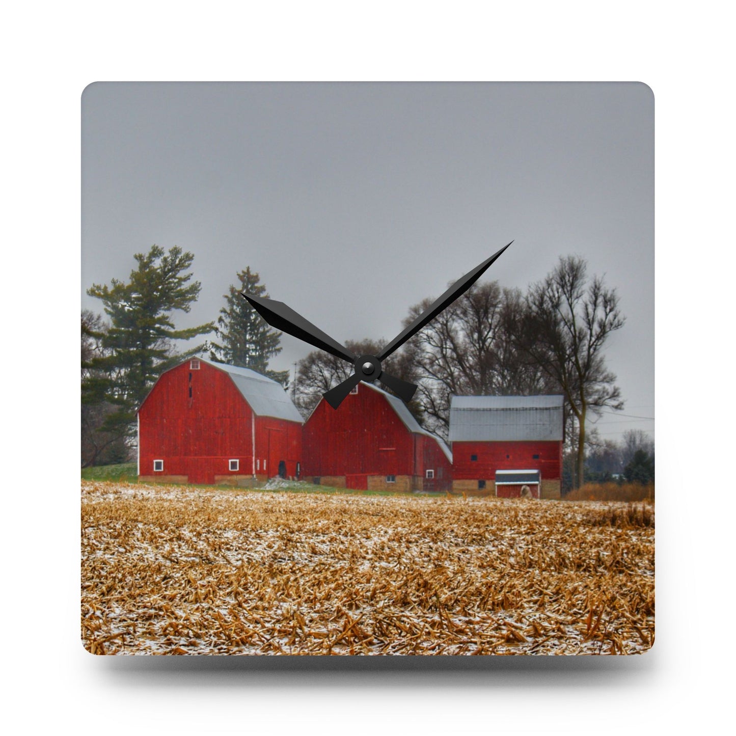 U R There Photography Shoemaker Road Winter Reds II Rustic Farmhouse Acrylic Analog Wall Clock