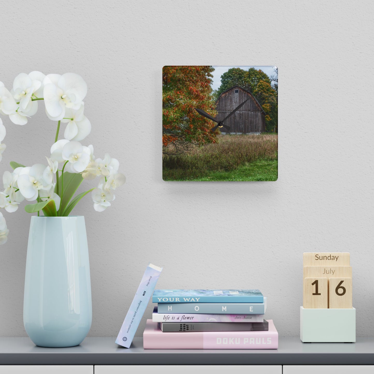 U R There Photography Mount Morris Road Grey in the Fall Rustic Farmhouse Acrylic Analog Wall Clock