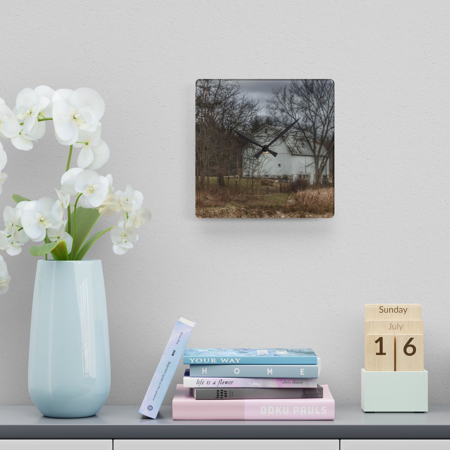 U R There Photography Oakwood Road White II Rustic Farmhouse Acrylic Analog Wall Clock