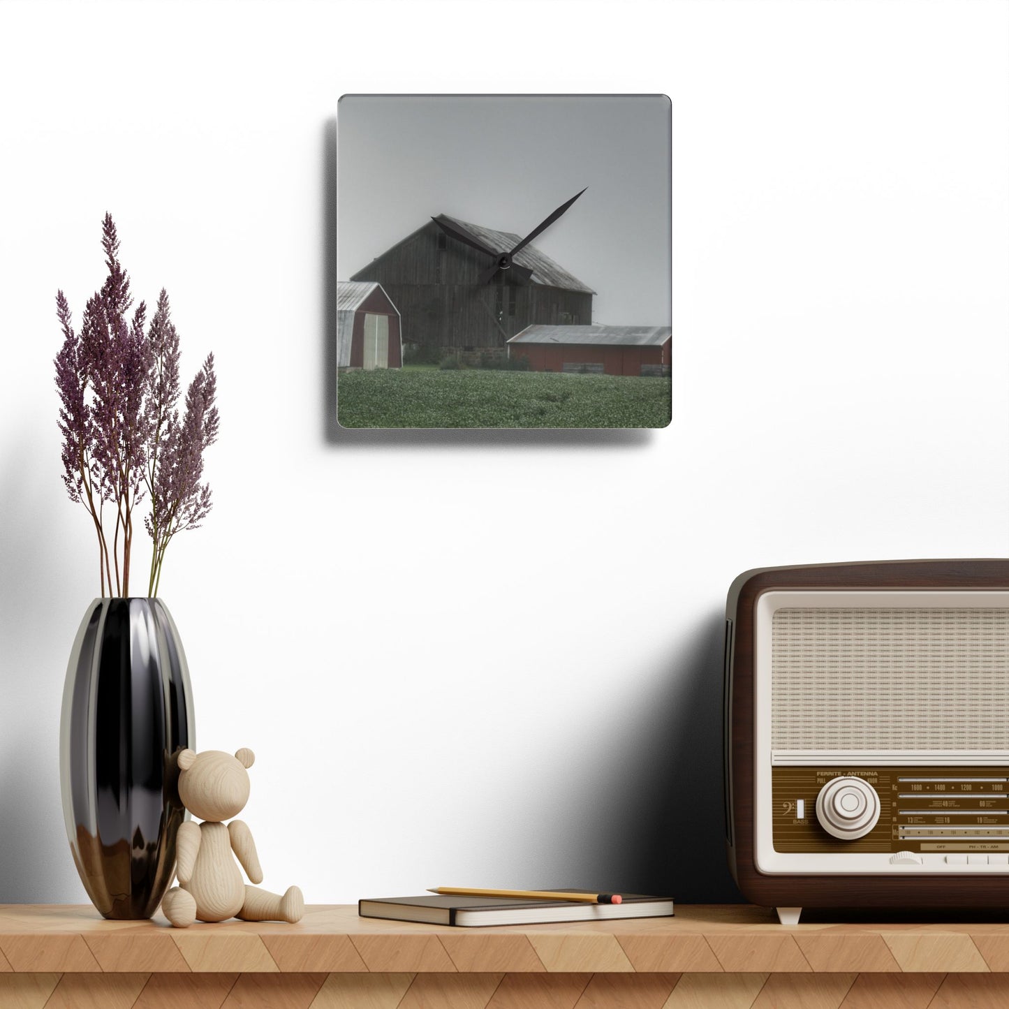 U R There Photography Farm in the Fog Rustic Farmhouse Acrylic Analog Wall Clock