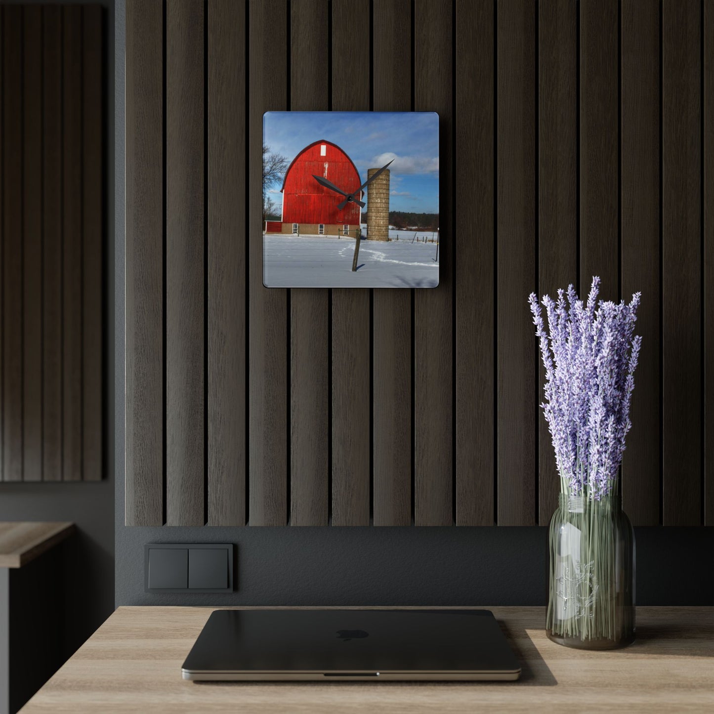 U R There Photography Barnes Road Winter Red Rustic Farmhouse Acrylic Analog Wall Clock