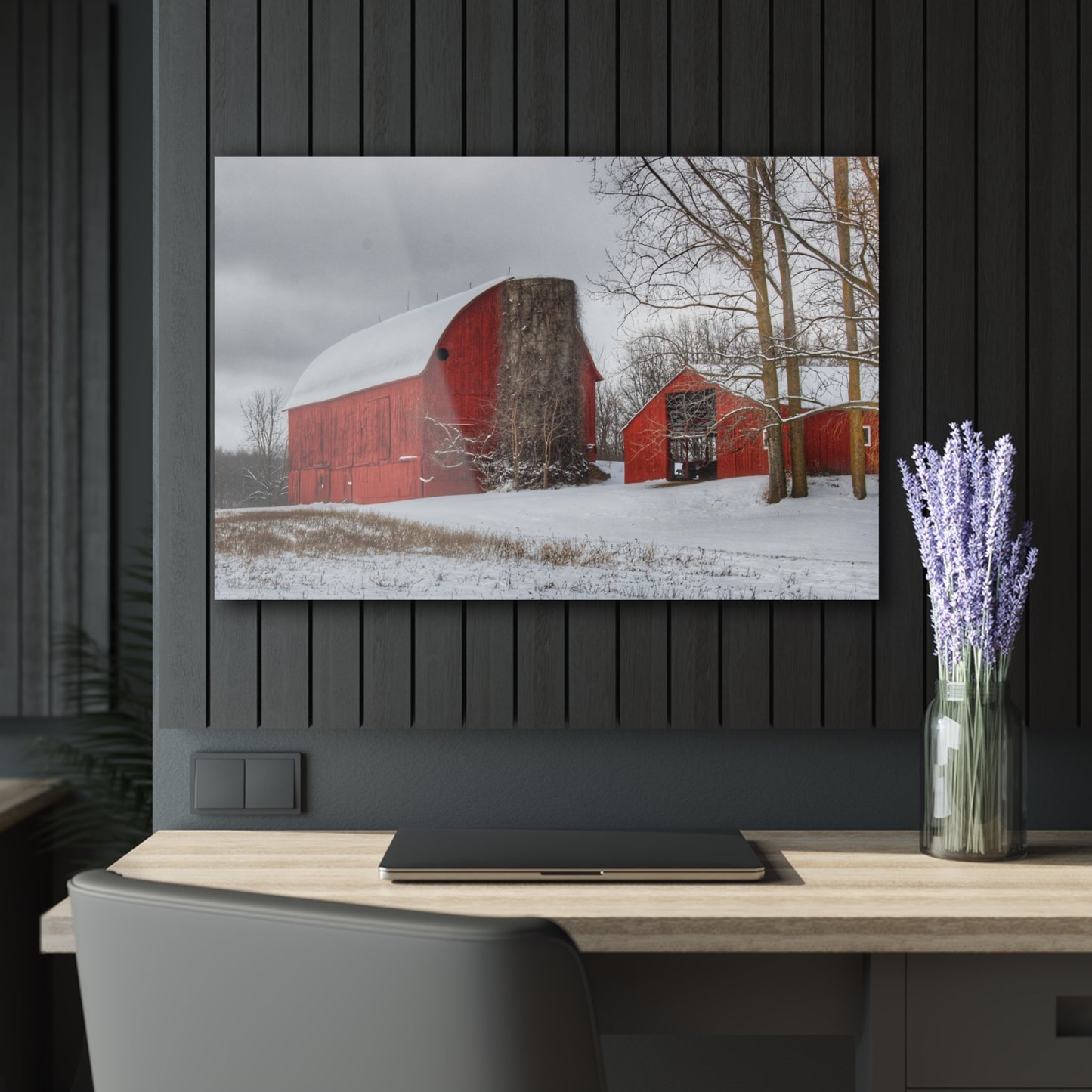U R There Photography Catlin Reds in Winter I Rustic Farmhouse Acrylic Wall Print