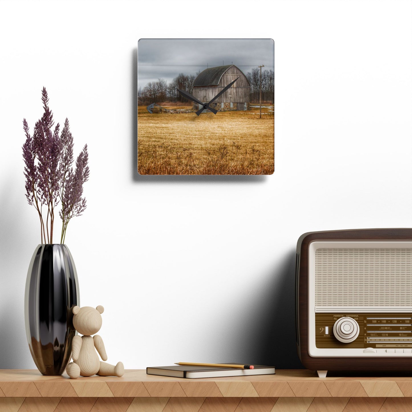 U R There Photography Laur Road Grey Rustic Farmhouse Acrylic Analog Wall Clock