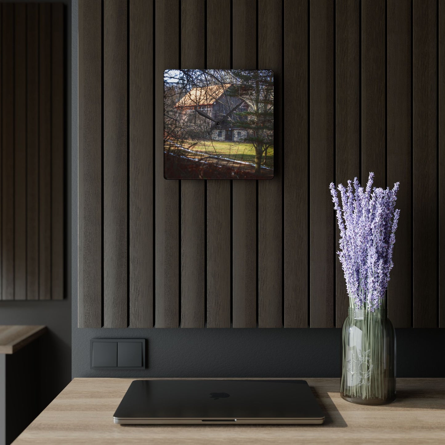 U R There Photography Newark Road Hidden Fieldstone Grey Rustic Farmhouse Acrylic Analog Wall Clock