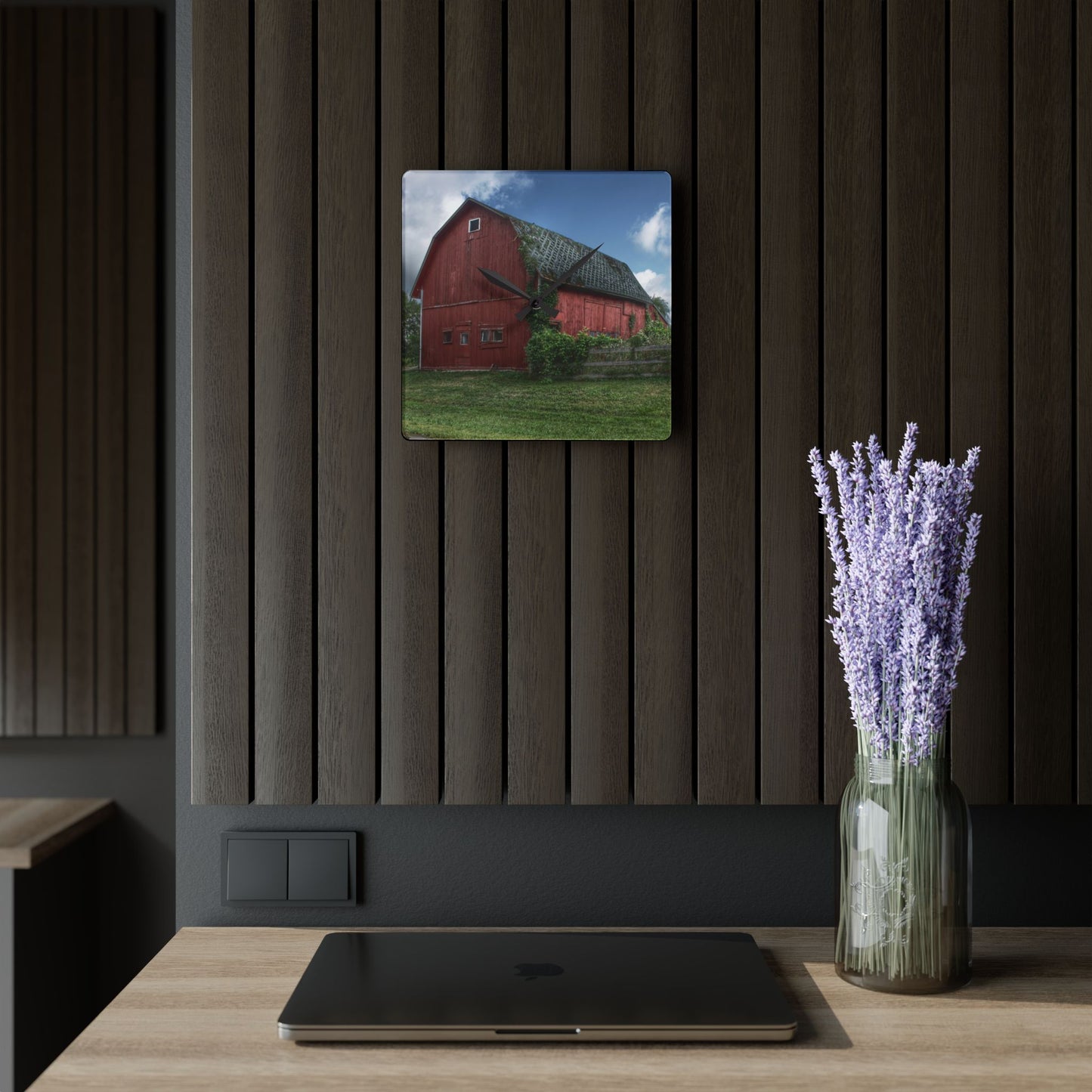 U R There Photography Hegal Road Old Red I Rustic Farmhouse Acrylic Analog Wall Clock