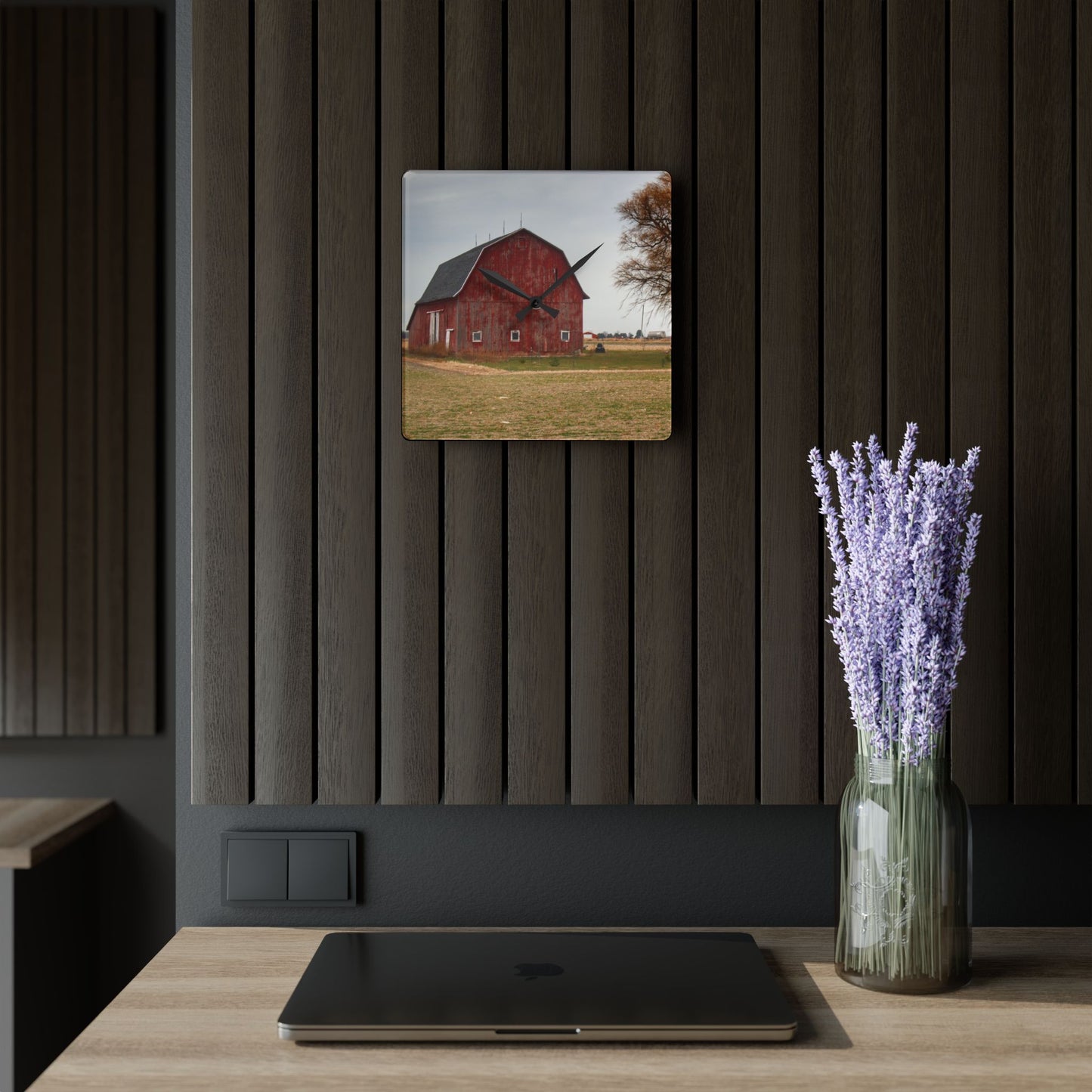 U R There Photography Loomis Road Red Rustic Farmhouse Acrylic Analog Wall Clock
