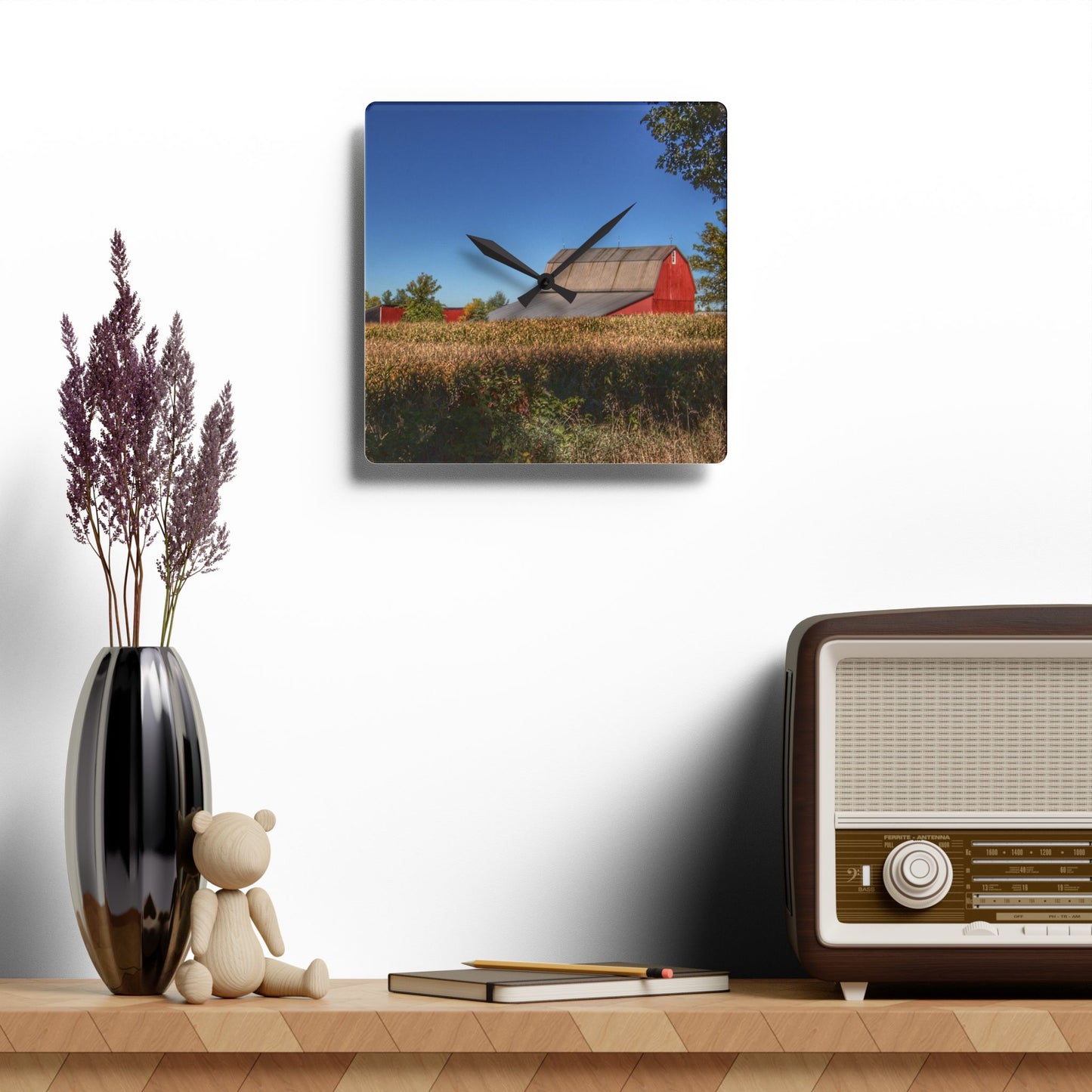 U R There Photography Red Saltbox Barn Rustic Farmhouse Acrylic Analog Wall Clock