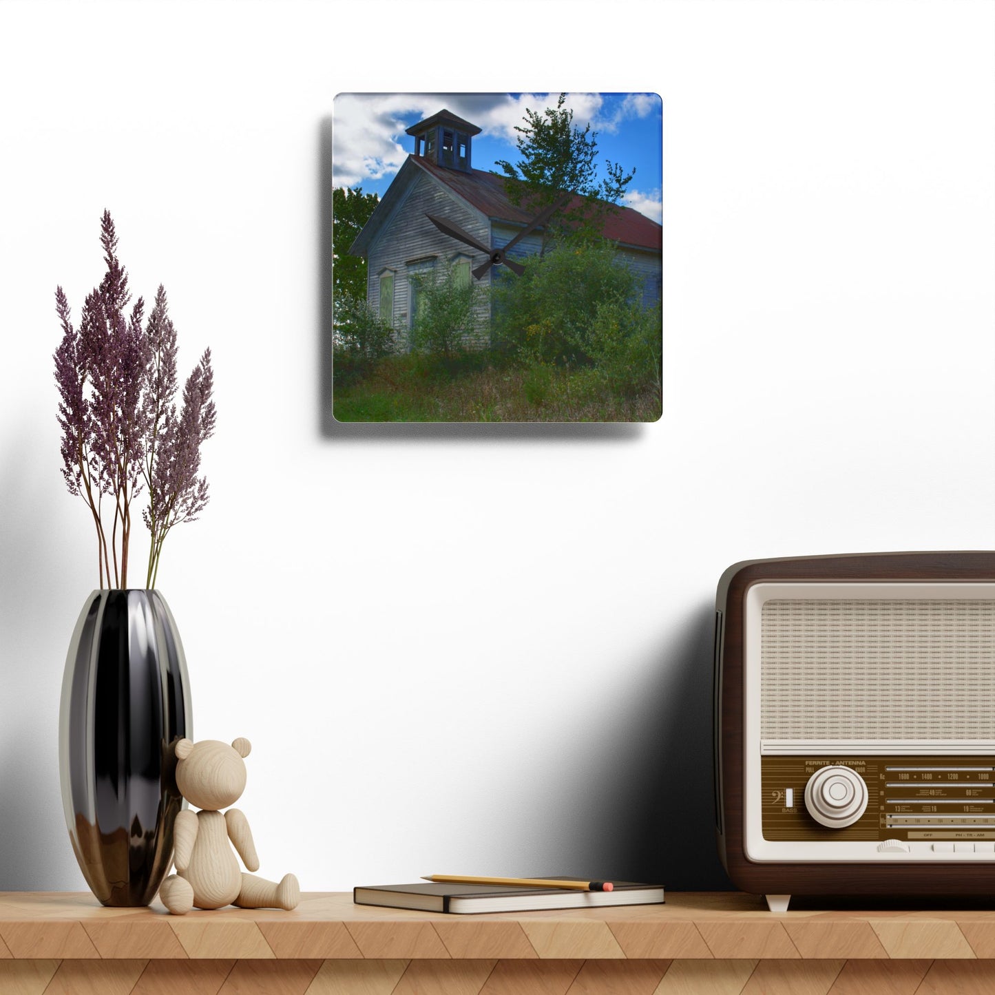 U R There Photography Mound Road Schoolhouse Rustic Farmhouse Acrylic Analog Wall Clock