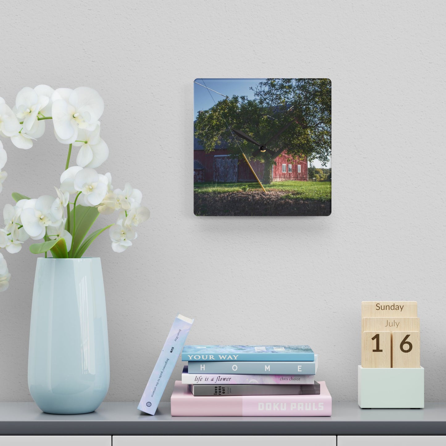 U R There Photography Rochester Road Hidden Red Rustic Farmhouse Acrylic Analog Wall Clock