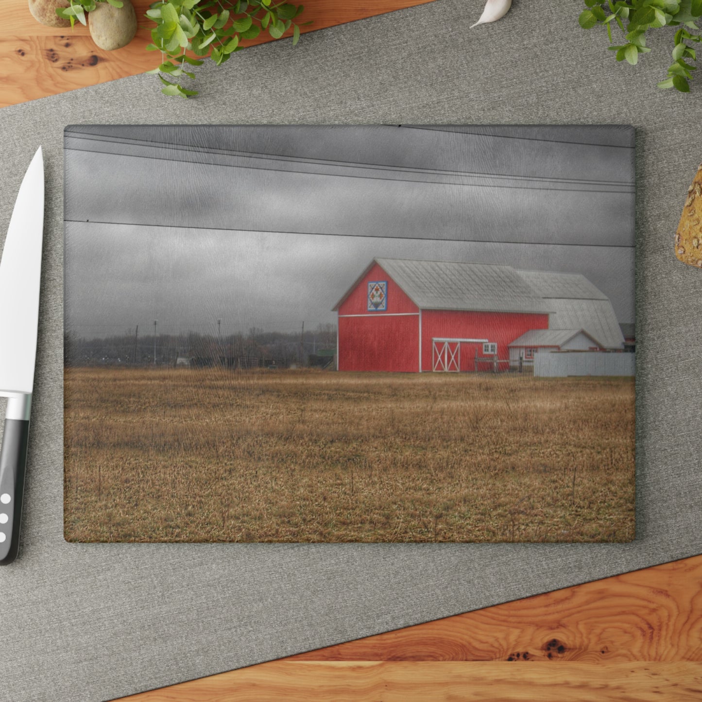 U R There Photography Barnes Road Quilted Red Rustic Farmhouse Tempered-Glass Cutting Board