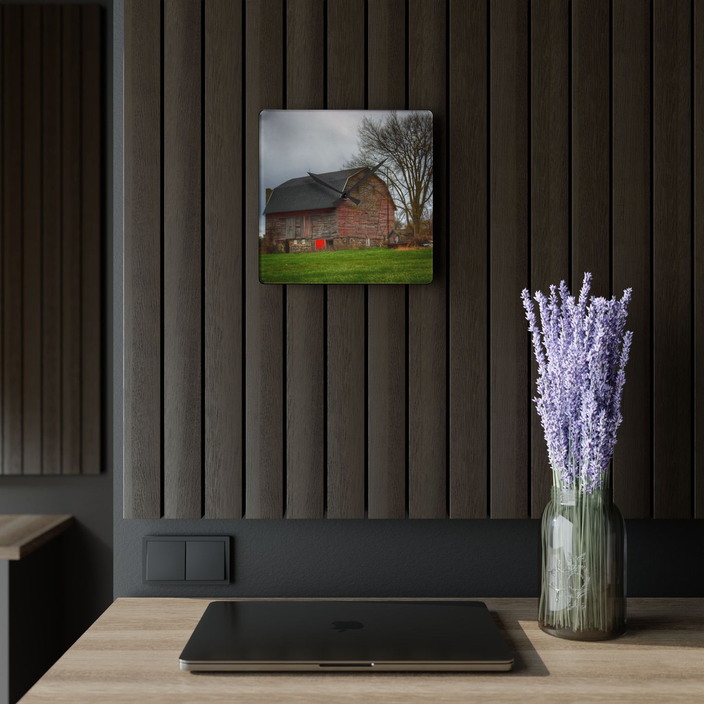 U R There Photography Ashley Drive Fieldstone Red Rustic Farmhouse Acrylic Analog Wall Clock