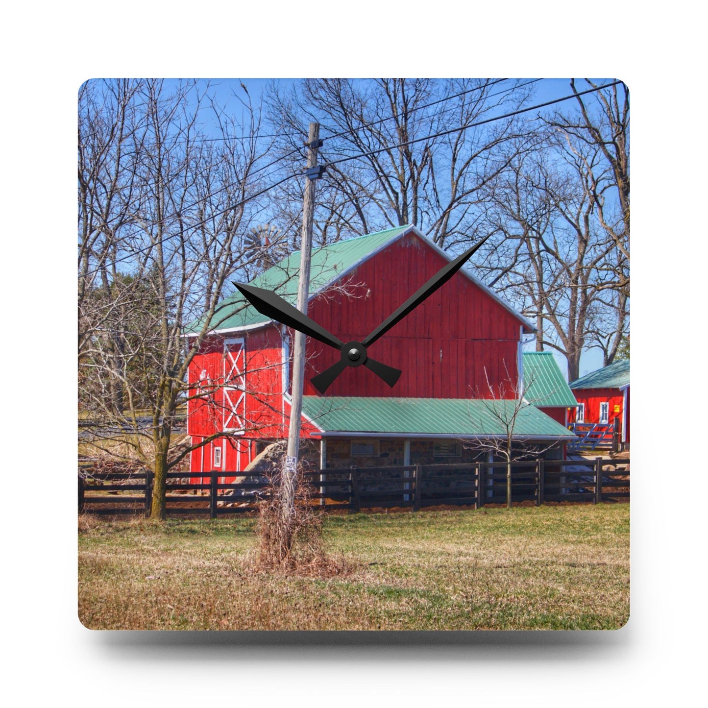 U R There Photography Imlay City Road Cow Barn II Rustic Farmhouse Acrylic Analog Wall Clock