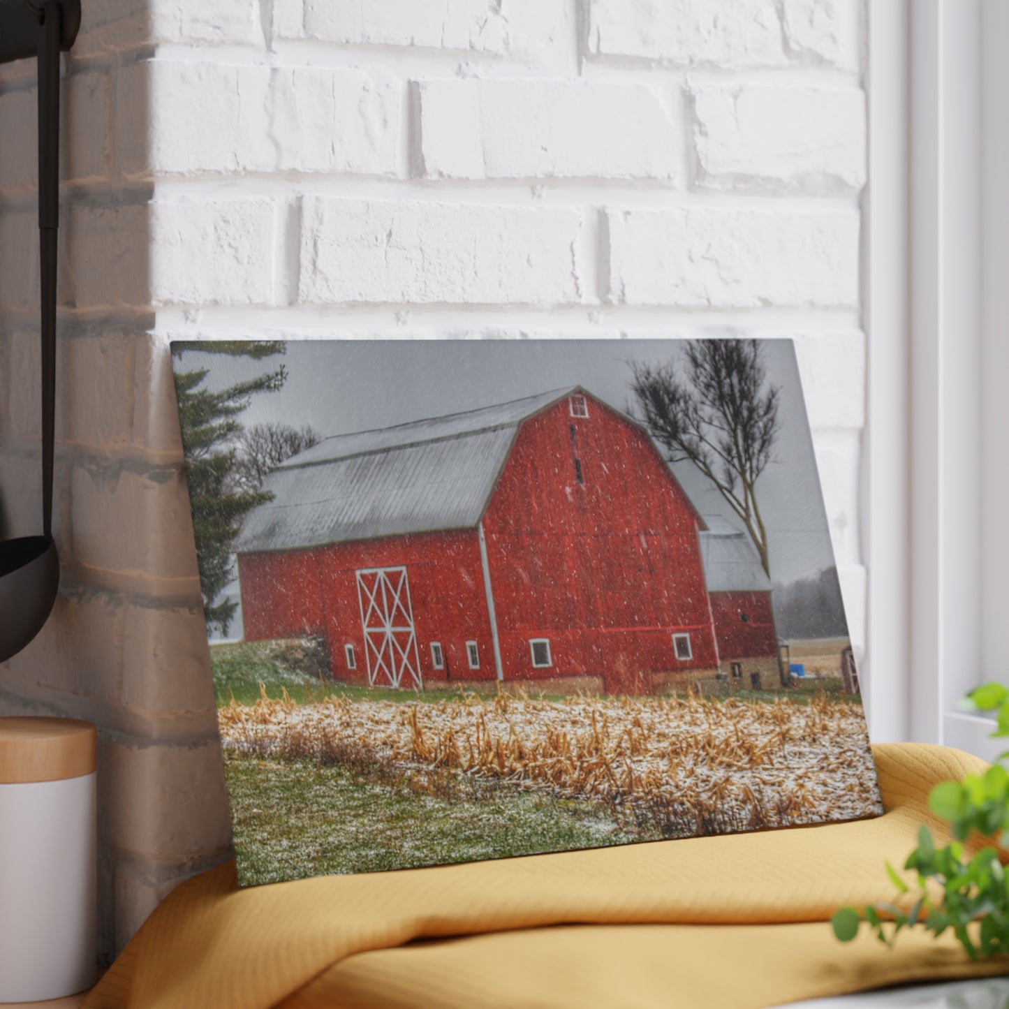 U R There Photography Shoemaker Road Winter Reds I Rustic Farmhouse Tempered-Glass Cutting Board